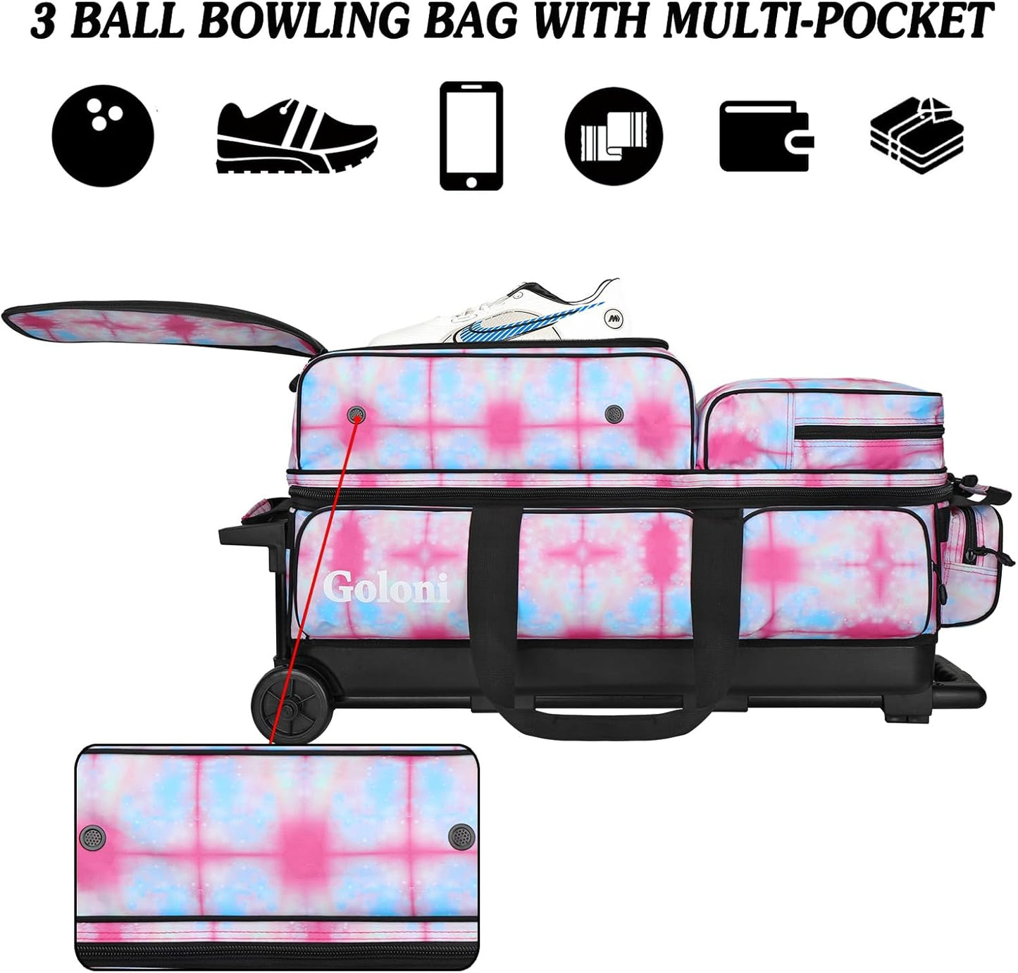 Goloni 3 Ball Bowling Bags with Wheels - Rolling Bowling Bag for 3 Balls & Accessories - Retractable Handle Extends to 38