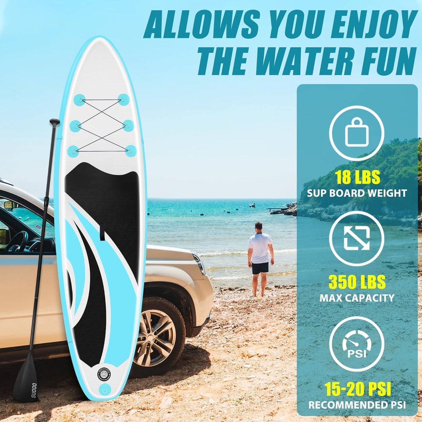 Inflatable Stand Up Paddle Board 10‘x30‘‘- Ultra-Light SUP with Backpack, Pump, Paddle, Coil Leash, 3 Fins, Repair Kit, Stable Design, Non-Slip EVA Deck for Adults & Youth