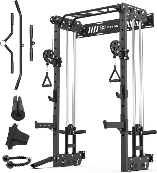 Wall Mounted Power Rack – 1600LB Capacity Compact Commercial Home Gym with Dual Cable Crossover, LAT Pulldown, Multi-Grip Pull-Up Bar & Landmine Attachment for Small Spaces, P67 Striker Red