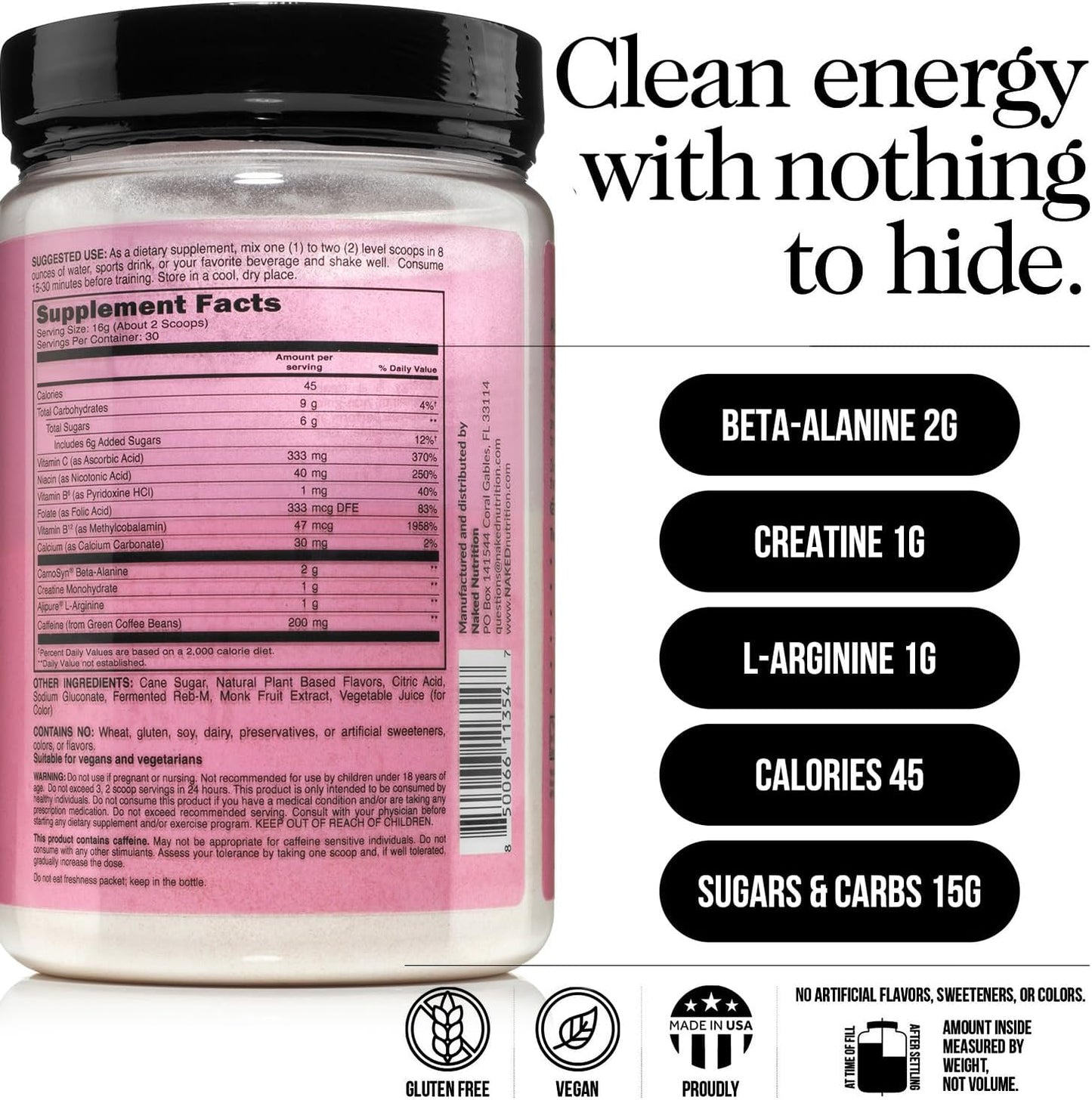 NAKED Strawberry Lemonade Energy - Clean Pre Workout Supplement for Men and Women, Vegan Friendly, No Added Sweeteners, Colors Or Flavors - 30 Servings