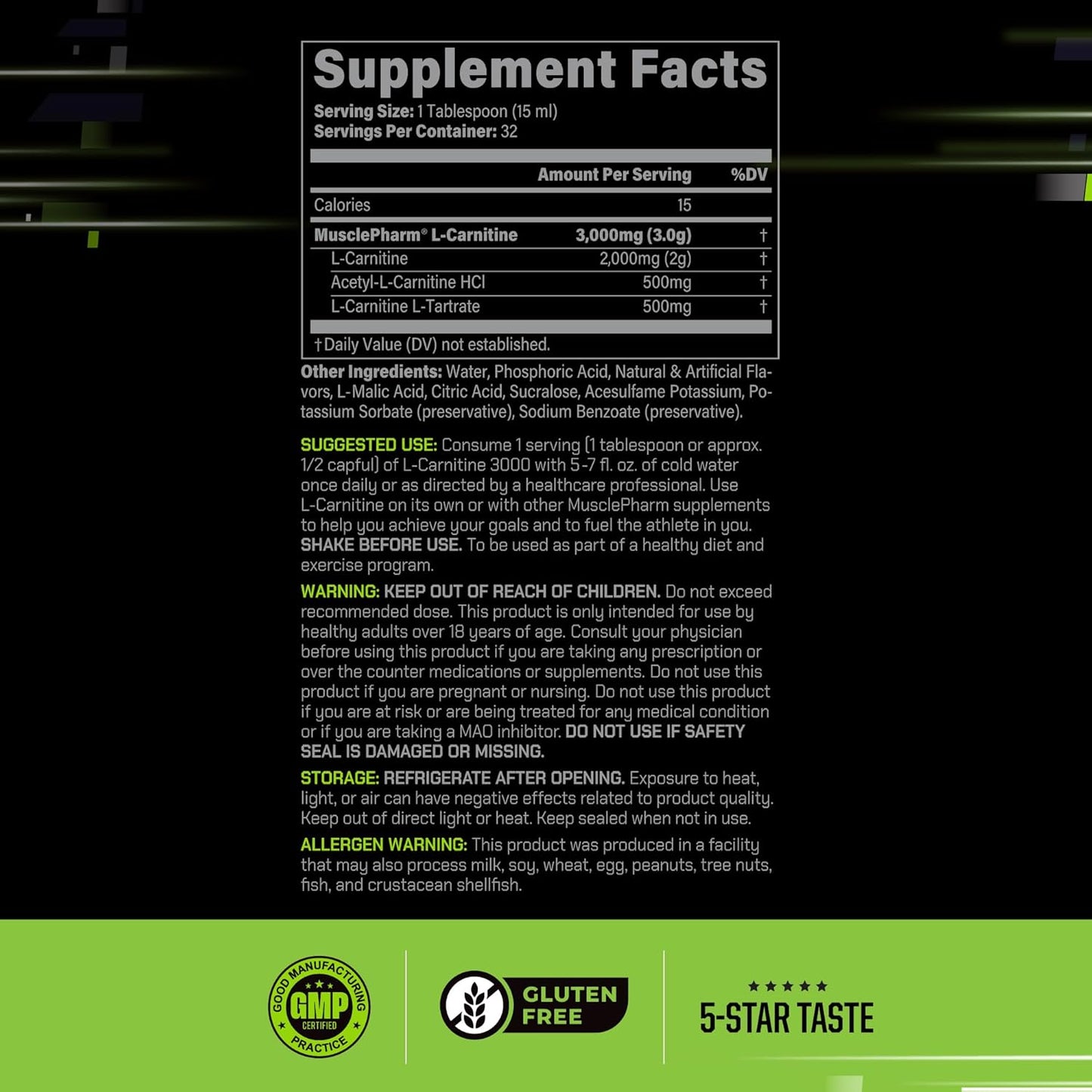 Muscle Pharm L-Carnitine 3000, The Ultimate Liquid L Carnitine Supplement for High-Performance, Supports Metabolism, Hydration & Energy, Zero Sugar/Calories, Sour Cherry Flavor, 32 Servings