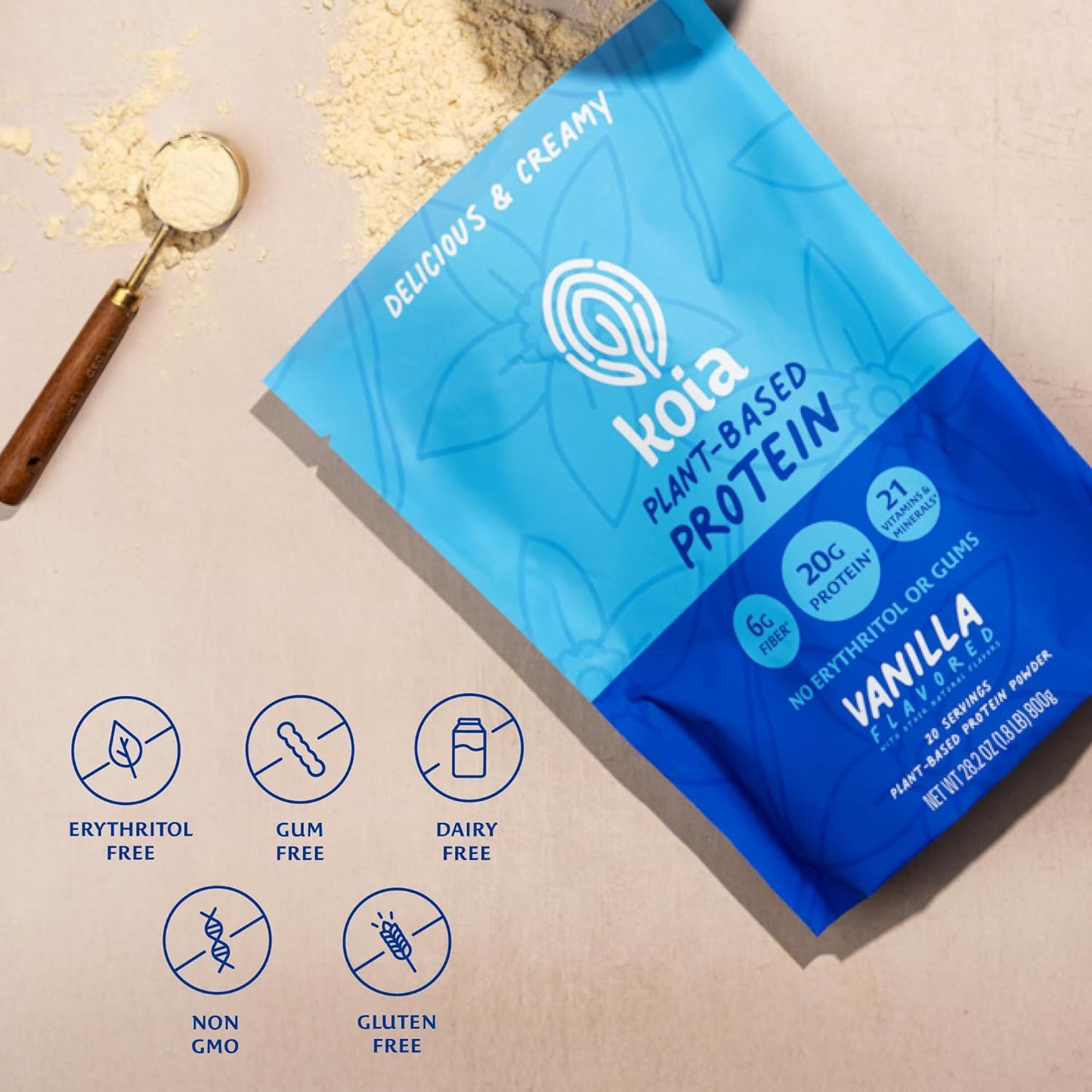 Koia Plant Based Protein Powder, Vanilla, 20g Protein, 3g Sugar, 6g Prebiotic Fiber, Pre & Post Workout, 21 Vitamins & Minerals, No Seed Oils, Dairy-Free, Gluten-Free, Non-GMO, 20 Servings, 28.2 Oz