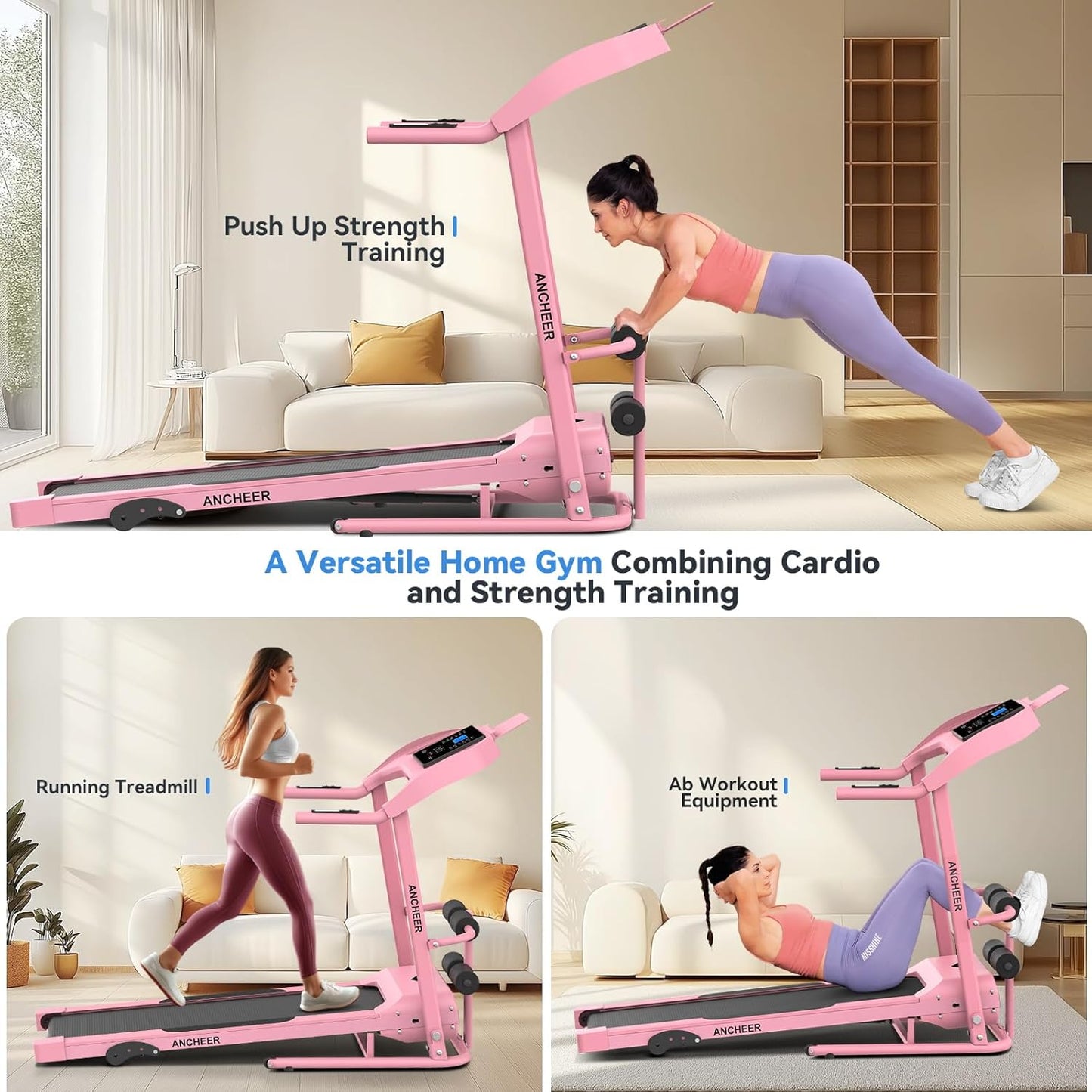 ANCHEER Foldable Treadmill with Sit Up Bench, 2025 Upgrade 3.5HP Portable Treadmills for Home with Incline 350 lbs Capacity, Smart LCD Display Body Fat& Heart Rate, Multifunction Exercise Equipment