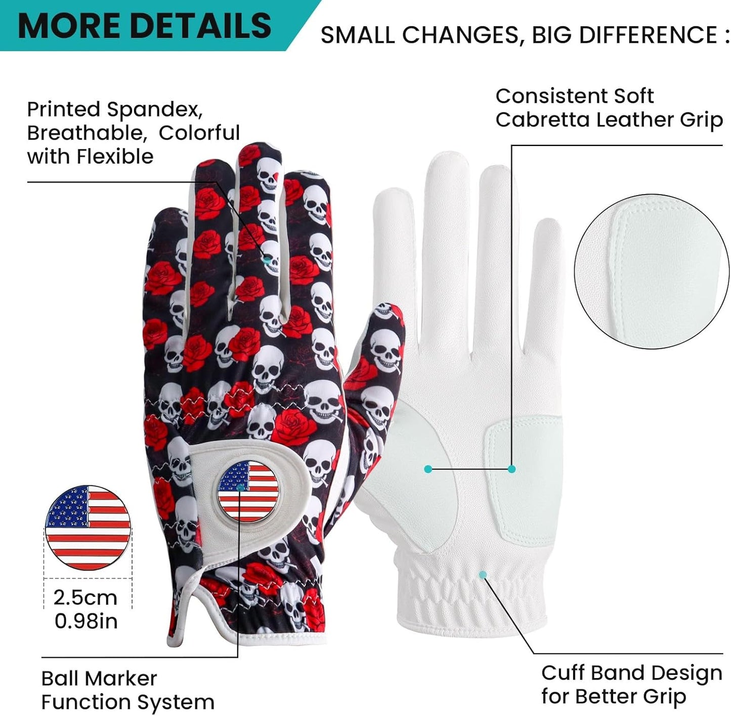 FINGER TEN Golf Gloves Men Right Handed Golfer Left Hand with Ball Marker 2 Pack Leather Breathable Comfortable Weathersof Grip Size Small Medium ML Large XL