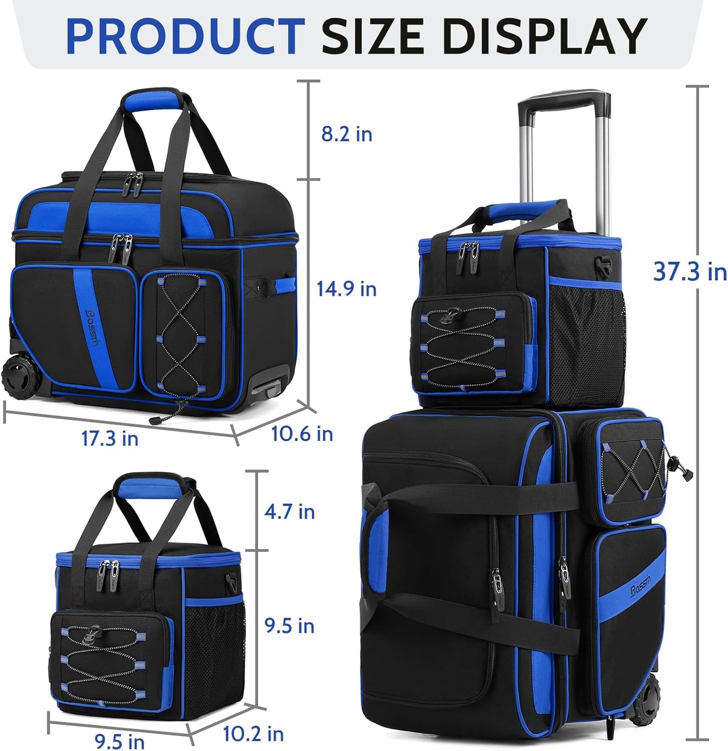 3 Ball Bowling Bag with Wheels, 2 Ball Bowling Bags Double roller with 1 Ball Add On Bag, Multi-Pockets & Shoe Compartment (Fits Up to Size 15)