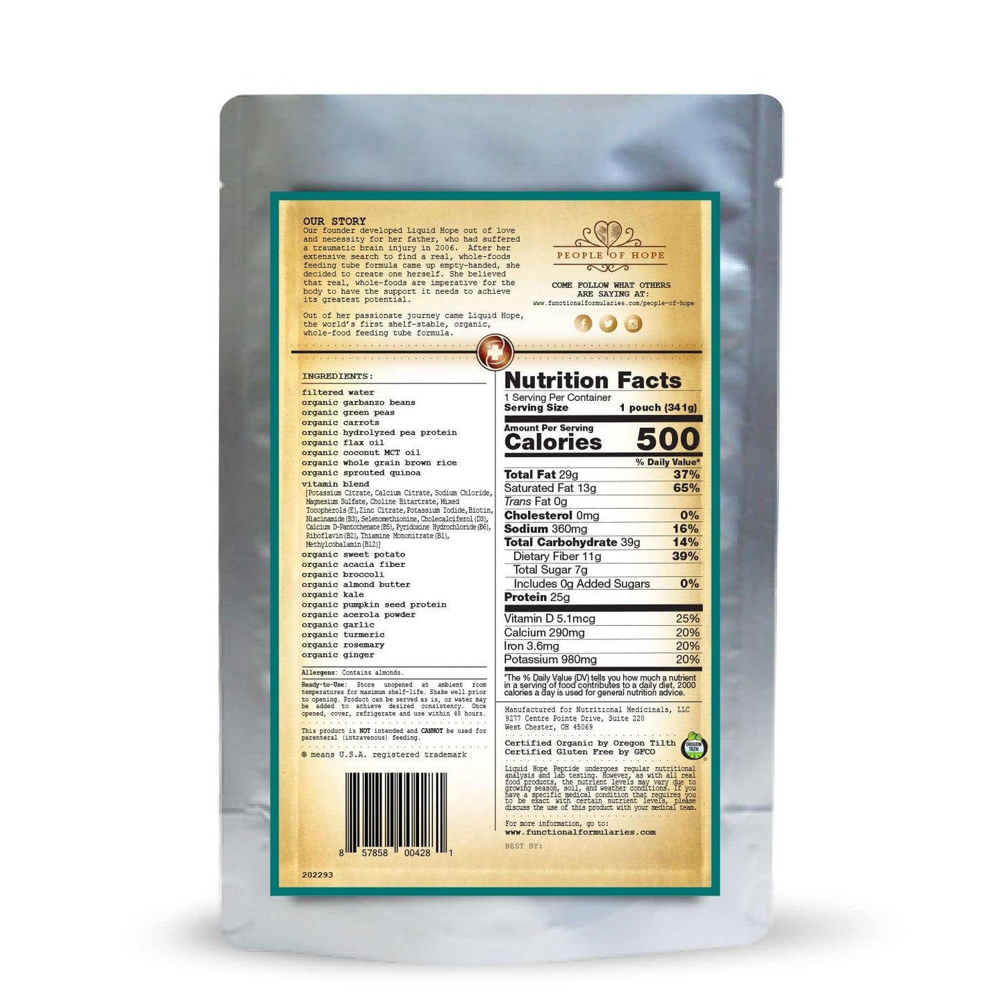 Functional Formularies Liquid Hope Peptide Organic Tube Feeding Formula and Nutritional Meal Replacement Supplement, 12 Oz Pouch, Pack of 24