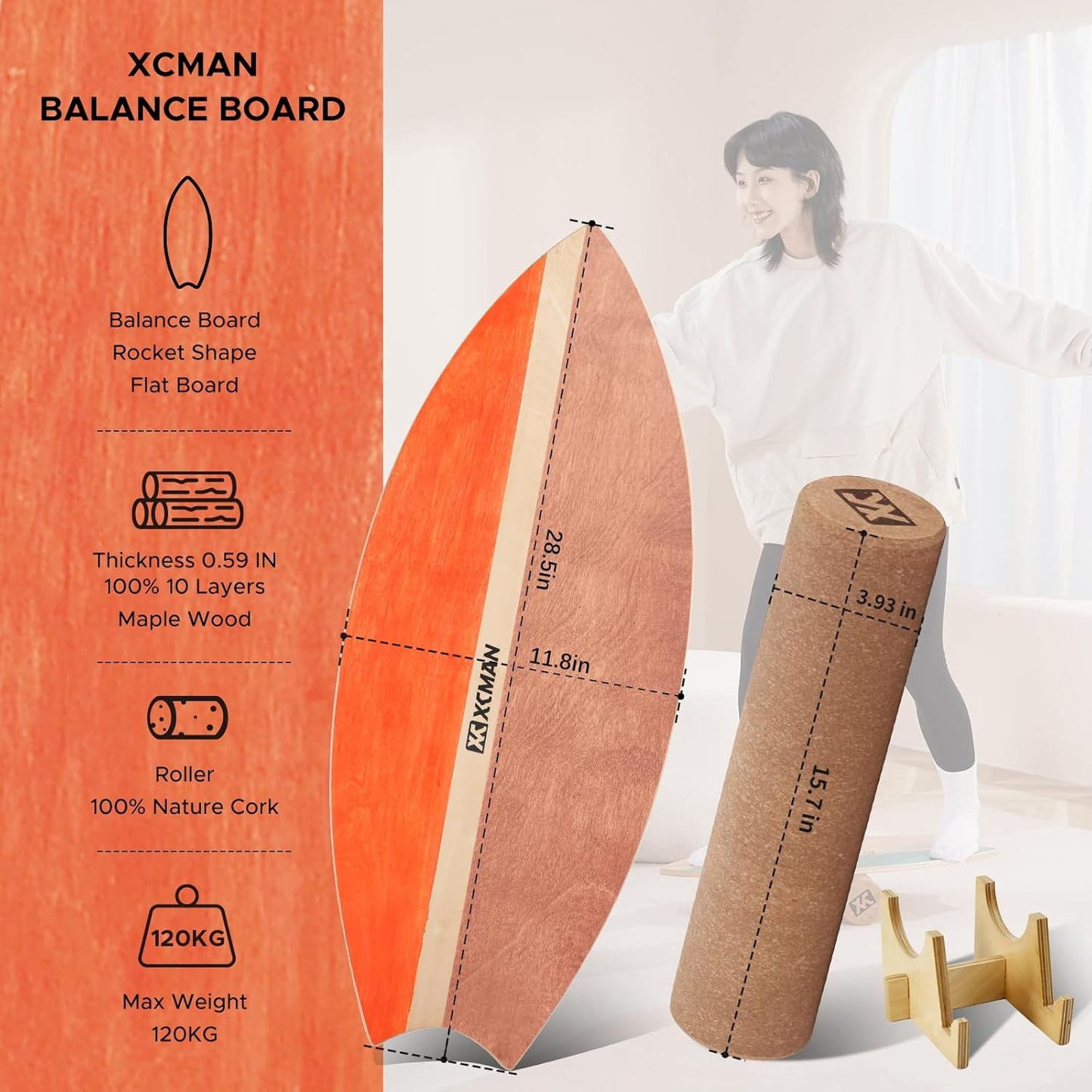XCMAN Surf Balance Board Trainer with Roller Wooden Exercise Balancing Stability Trainer - Non Slip Surface for Adults Kids|Balance Board for Surfing,Snowboarding,Skateboarding,Hockey,Yoga Training