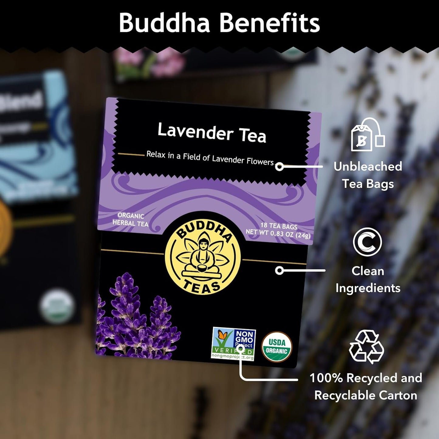 Buddha Teas Organic Lavender Tea - OU Kosher, USDA Organic, CCOF Organic, 18 Bleach-Free Tea Bags