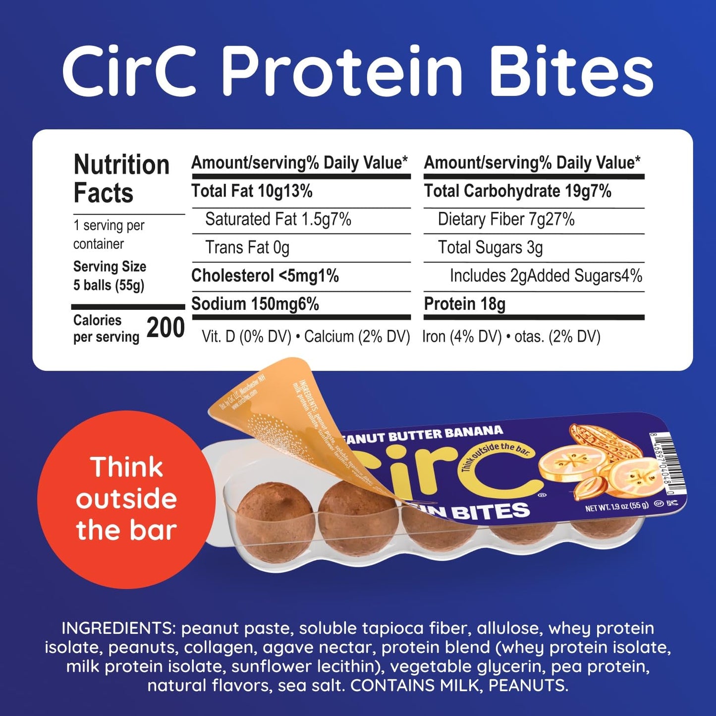 CirC Protein Bites - 12 Count Peanut Butter Banana High Energy Balls - 18g of protein from 4g Collagen 5g of net carbs, Whey & Peanuts - Portable Healthy Snacks in 5-Piece Resealable Packs