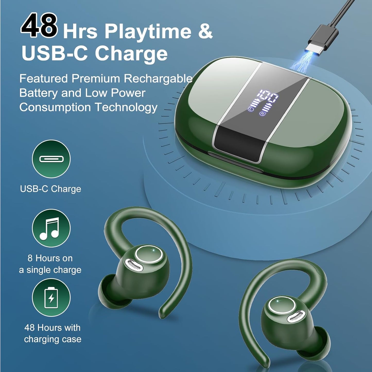 Wireless Earbuds Bluetooth 5.3 Headphones Sports, 48Hrs Playtime Bluetooth Earbuds with CVC 8.0 Mic, Stereo Bass Over Ear Bud with Earhooks, LED Display, IP7 Waterproof Earphon for Running Green
