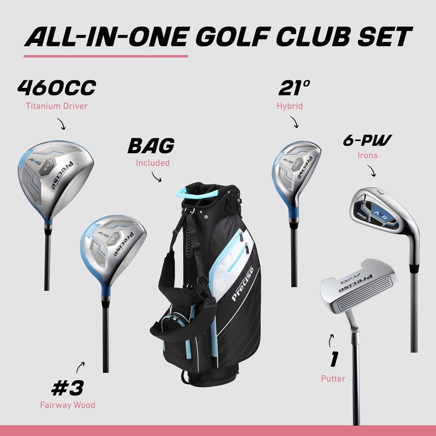 Precise AMG Complete Womens Golf Clubs Set, Includes Driver, Fairway, Hybrid, 6-PW Irons, Putter, Stand Bag, 3 H/C's, Golf Clubs Women Right Handed, Regular & Petite Sizes