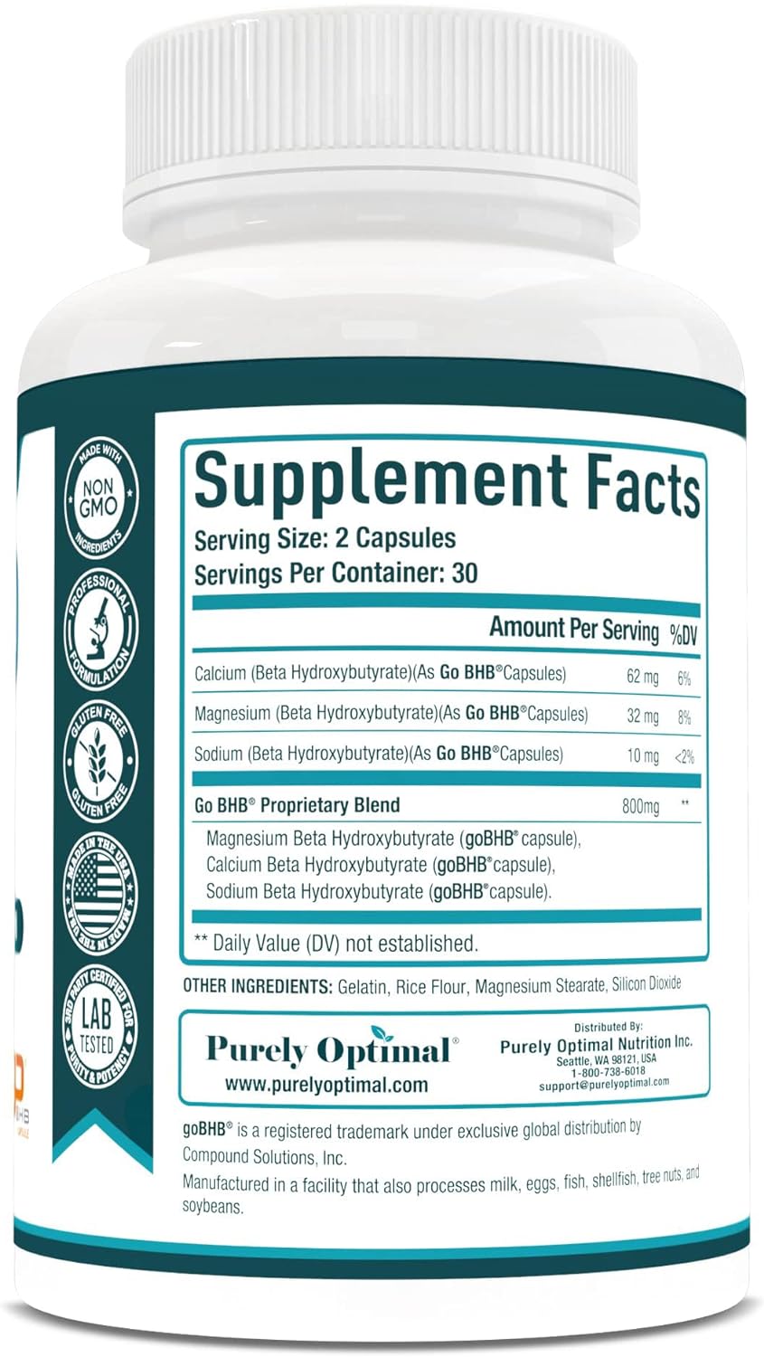 Purely Optimal Keto BHB Capsules – Exogenous Ketone Pills for Ketosis Support, Sustained Energy, Focus & Metabolism – for Women & Men, 60 Capsules