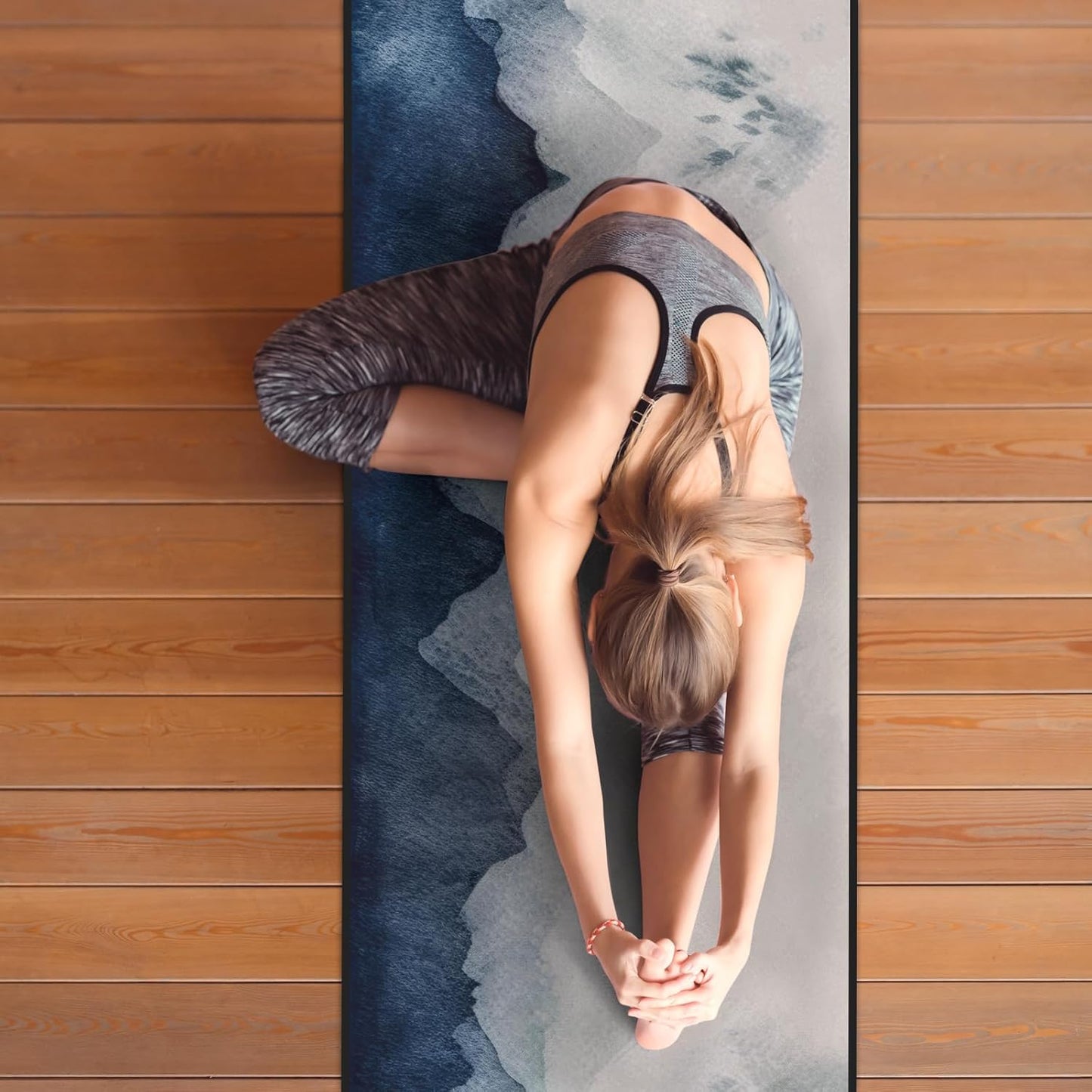 QIYI Large Yoga Mat Towel with Corner Pockets, Non Slip Sweat Absorbent Hot Yoga Towels, Soft Yoga Blankets with Travel Bag, Skidless Mat Cover for Workout, Gym, Fitness - 74"x26", Watercolor Mountain