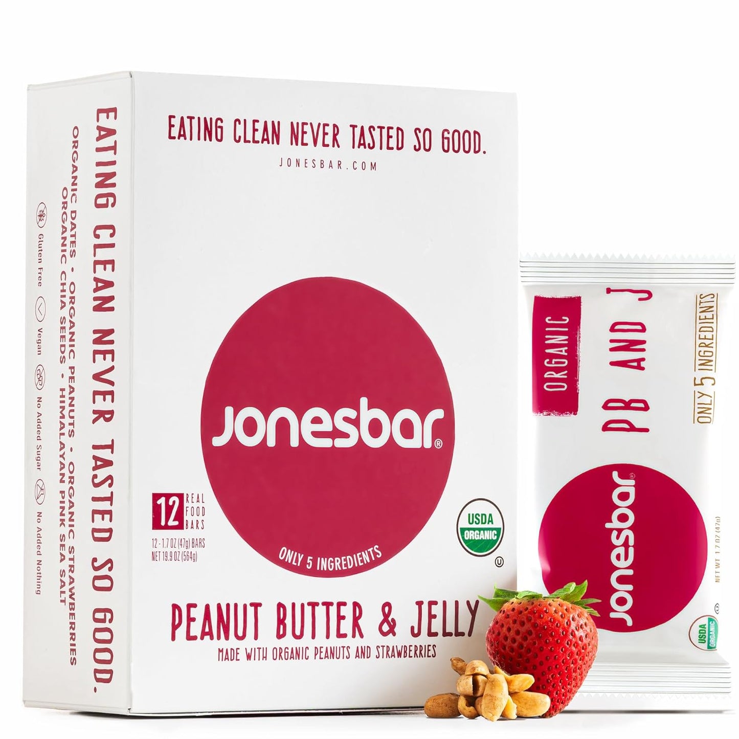 JONESBAR (Peanut Butter and Jelly, 12 Count (Pack of 1)), USDA Organic Fruit & Nut Bar, Non-GMO, Kosher, Vegan, Gluten Free, Simple Snack Bar