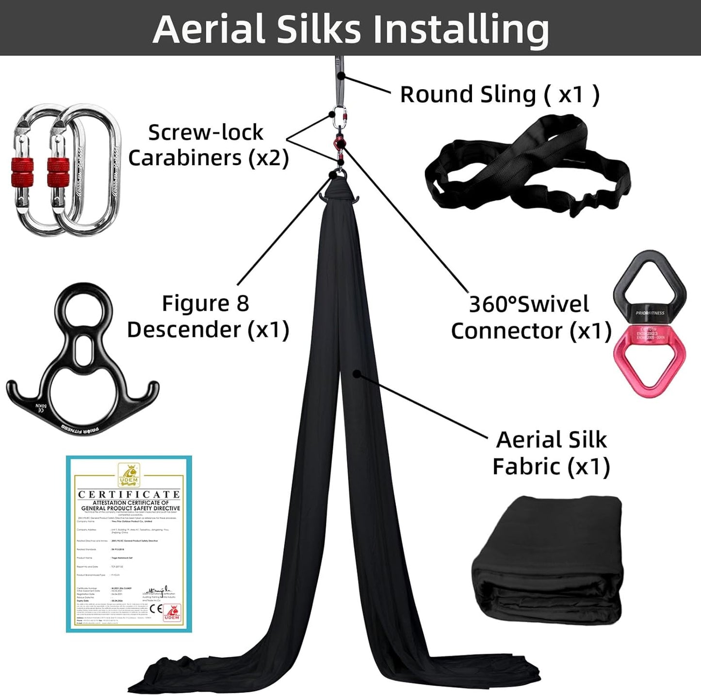 PRIOR FITNESS Aerial Silks Kit Colorful 9/15/20 Yards 40D Nylon Fabric Hammock Set With Hardware & Guide for All Levels Of Aerial Yoga Practice and Acrobatic Flying For Adults Aerial silk