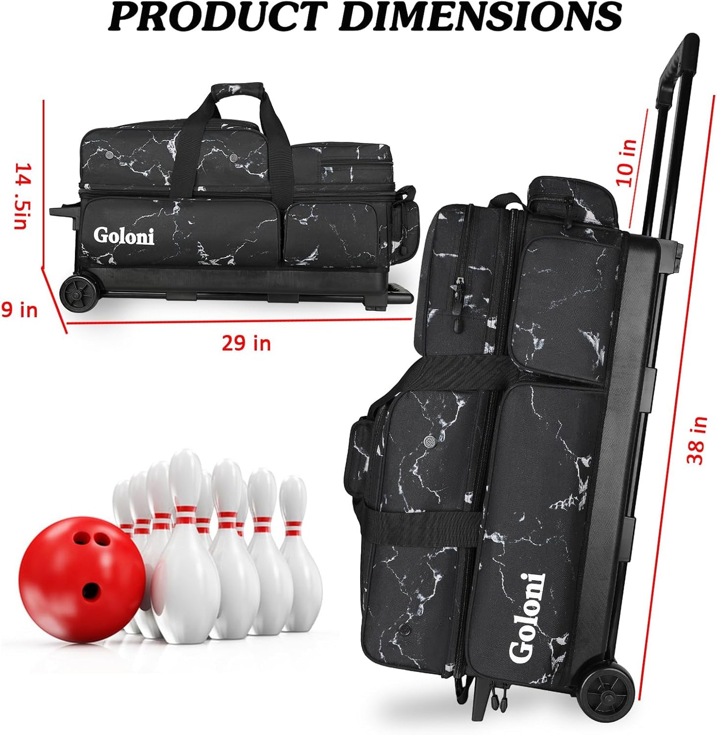 Goloni 3 Ball Bowling Bags with Wheels - Rolling Bowling Bag for 3 Balls & Accessories - Retractable Handle Extends to 38