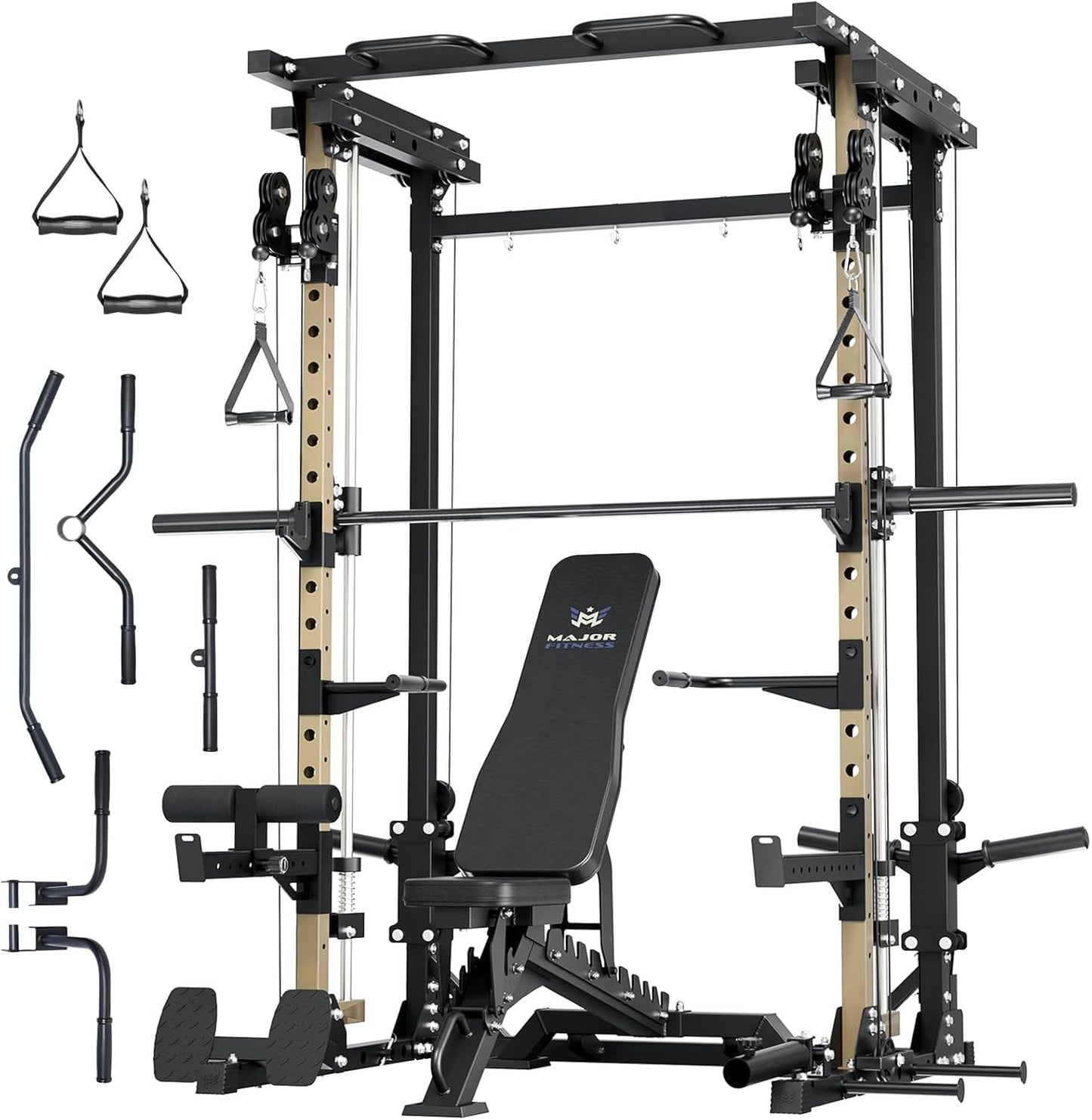 Major Fitness Drone3 Smith△ Machine – All-in-One Home Gym Squat Rack with Weight Bar, Cable Crossover Machine – Heavy-Duty Fitness Equipment for Strength Training and Full-Body Workouts