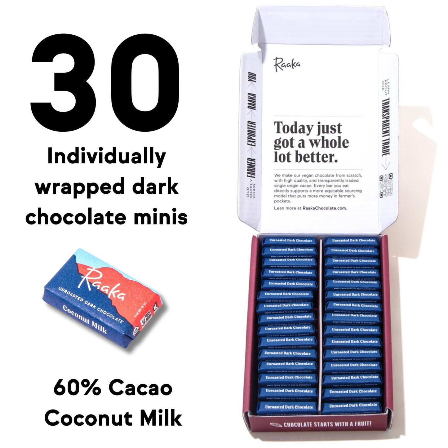 Raaka Coconut Milk Chocolate Gift Box | 60% Cacao Vegan Milk Chocolate | Organic, Vegan, Gluten Free | Box of 30 Individually Wrapped Chocolates