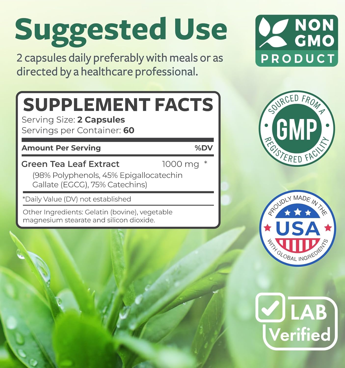 EGCG Green Tea Extract Capsules - Super High Potency Green Tea Pills Antioxidant Rich Formula Packed with Polyphenols Catechins & EGCG - 500mg Per Capsule - Non-GMO & Made in the USA (2 Month Supply)