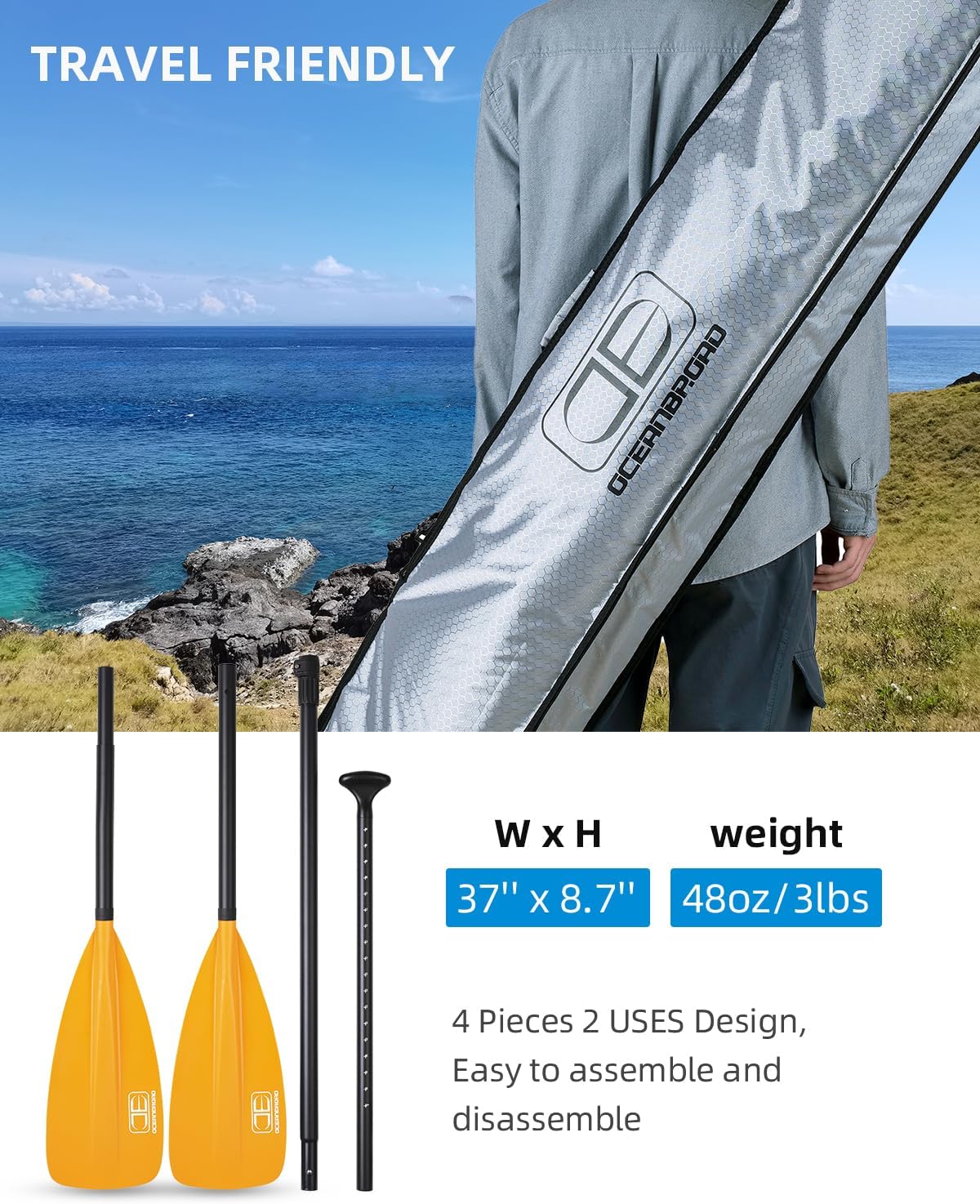 OCEANBROAD SUP Paddle - Adjustable Stand-Up Paddle for Paddleboard Kayak, Adjustable Aluminum Alloy Shaft with Reinforced Nylon Blades