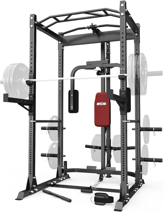 BEKING Power Cage, 2000LBS Power Squat Rack with LAT Pulldown, 2.36" ×2.36" Multi-Functional Squat Cage with Pulley System and More Training Attachments for Home Gym