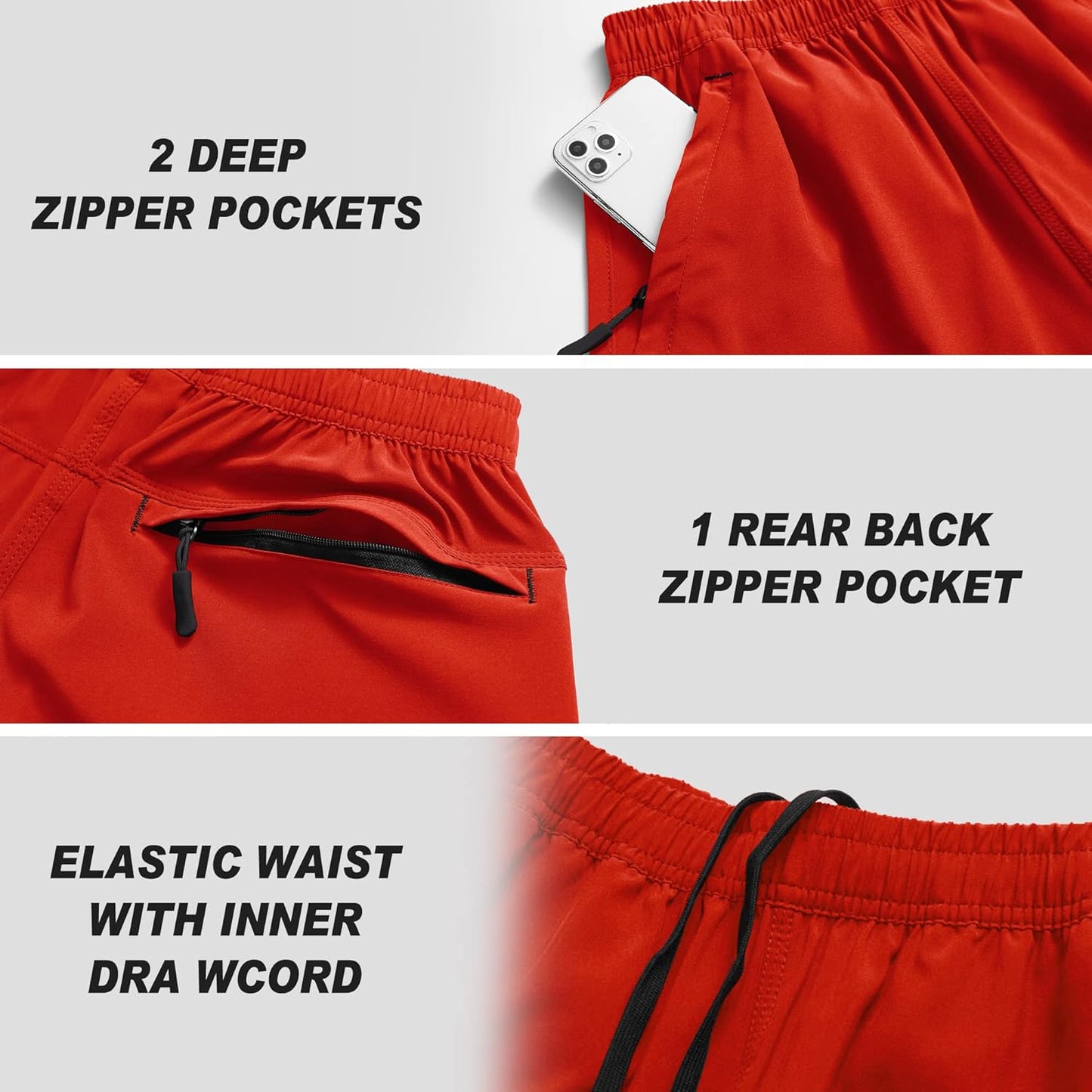 Men's Gym Shorts Sports Quick Dry Workout Running or Casual Training Short with Zipper Pockets