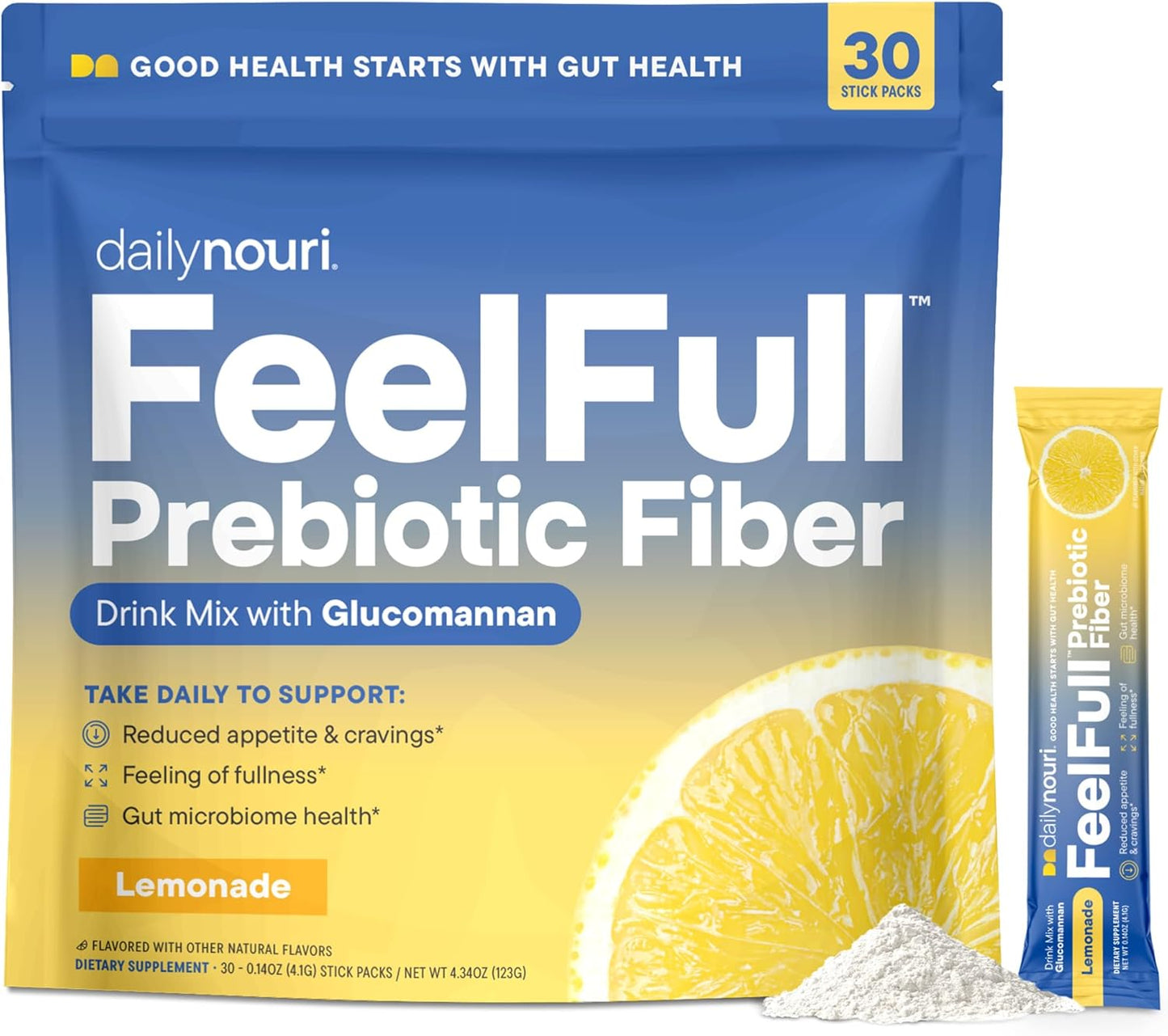 Nouri Daily FeelFull Prebiotic Fiber Drink Mix | Supports Natural Fullness, Appetite & Cravings Control, Gut & Metabolic Health | Oligofructose, Glucomannan & Chromium | 30 Stick Packs
