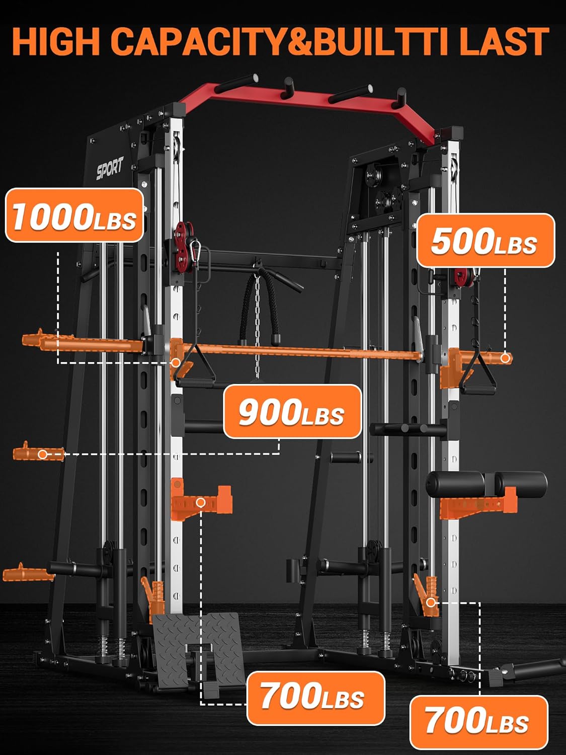 Smith Machine Home Gym, 2200 LBS All in One Squat Rack Power Cage with Smith Bar, Cable Crossover System & LAT-Pull Down System, Training Equipment