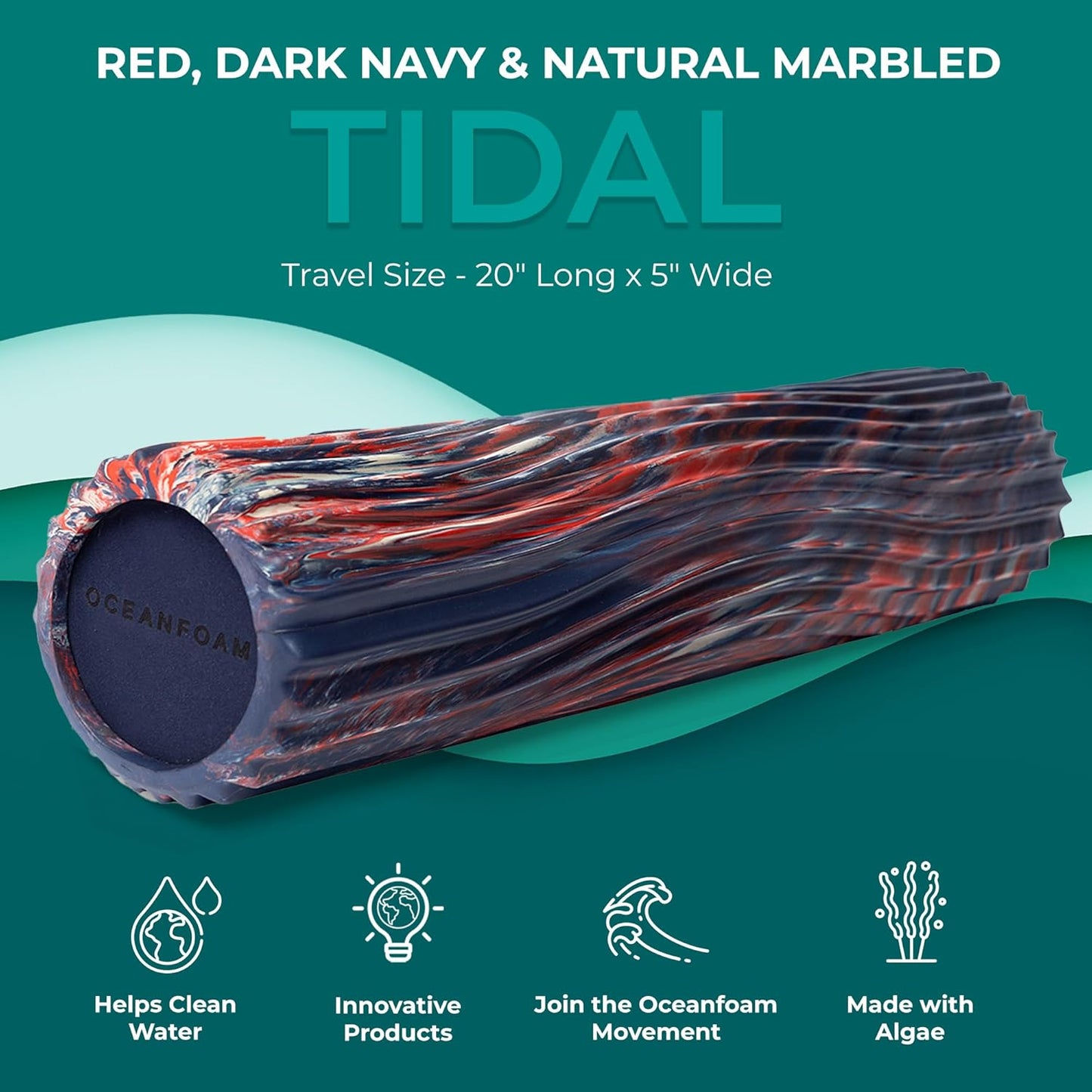 Oceanfoam Tidal Roller - Red, Dark Navy & Natural Marbled - Muscle Massage Foam Roller for Back Pain & Stretching - Firm & Ergonomic Wide Wave Textured - Yoga, Athletics, Wellness - Full Size 20" x 5"