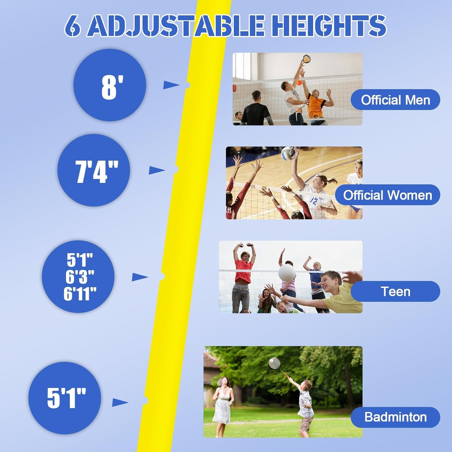 Volleyball Net with Poles，Volleyball Poles for Backyard, 6 Adjustable Heights Volleyball Set 8ft Professional Standard Height Stand, for Backyard Outdoor