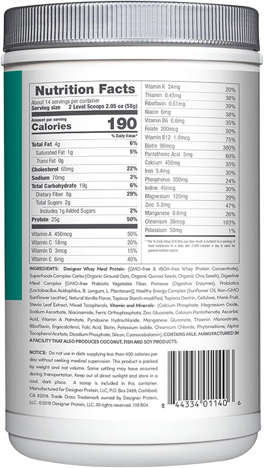 Designer Wellness, Designer Whey Protein Meal Replacement Powder, Organic Superfood Complex Carbs, Vitamins, Minerals, Gluten-Free, Vanilla Bean, 1.72 Pound