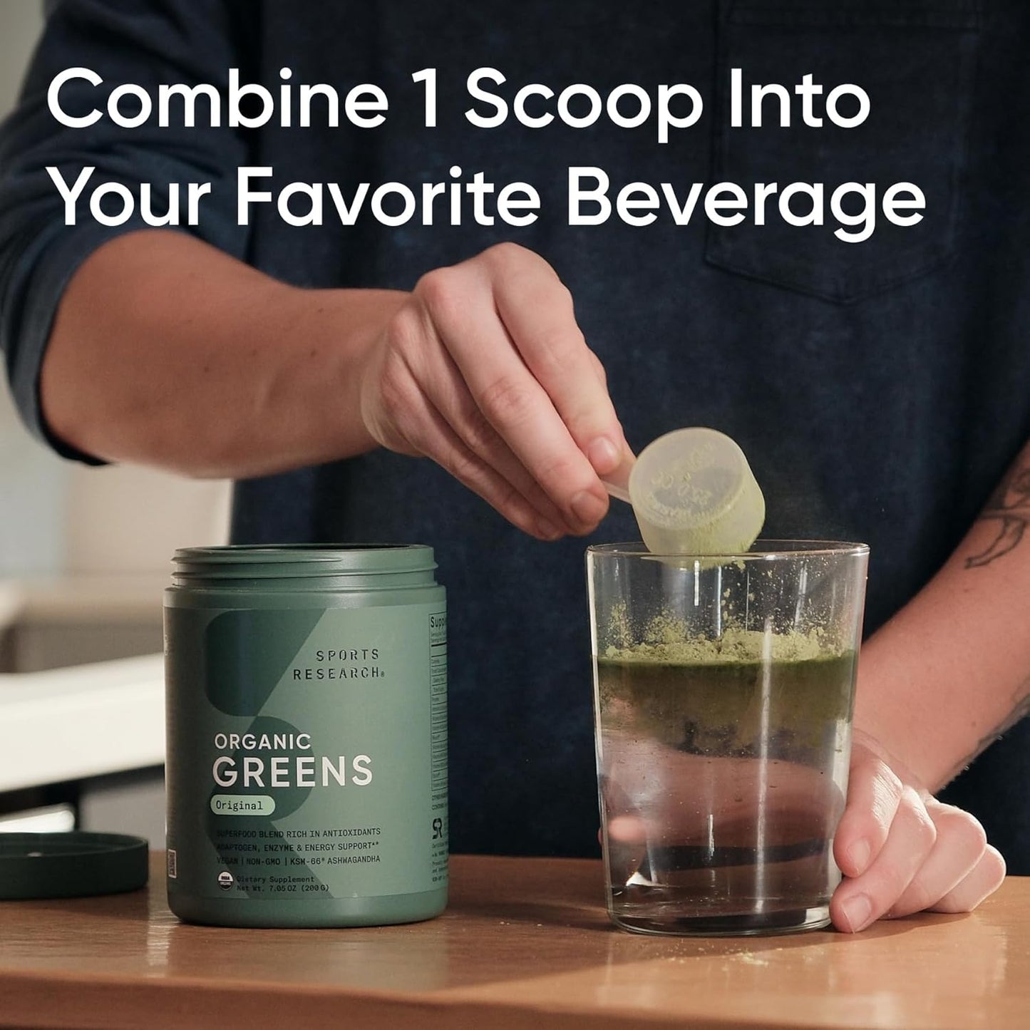 Sports Research® Organic Greens Superfood Powder w/Spirulina & Chlorella, Adaptogens, Enzymes, Probiotics & 8 VIT Bs for Gut & Mood Support* - Vegan, Sugar-Free & Low-Cal Original 20 Servings