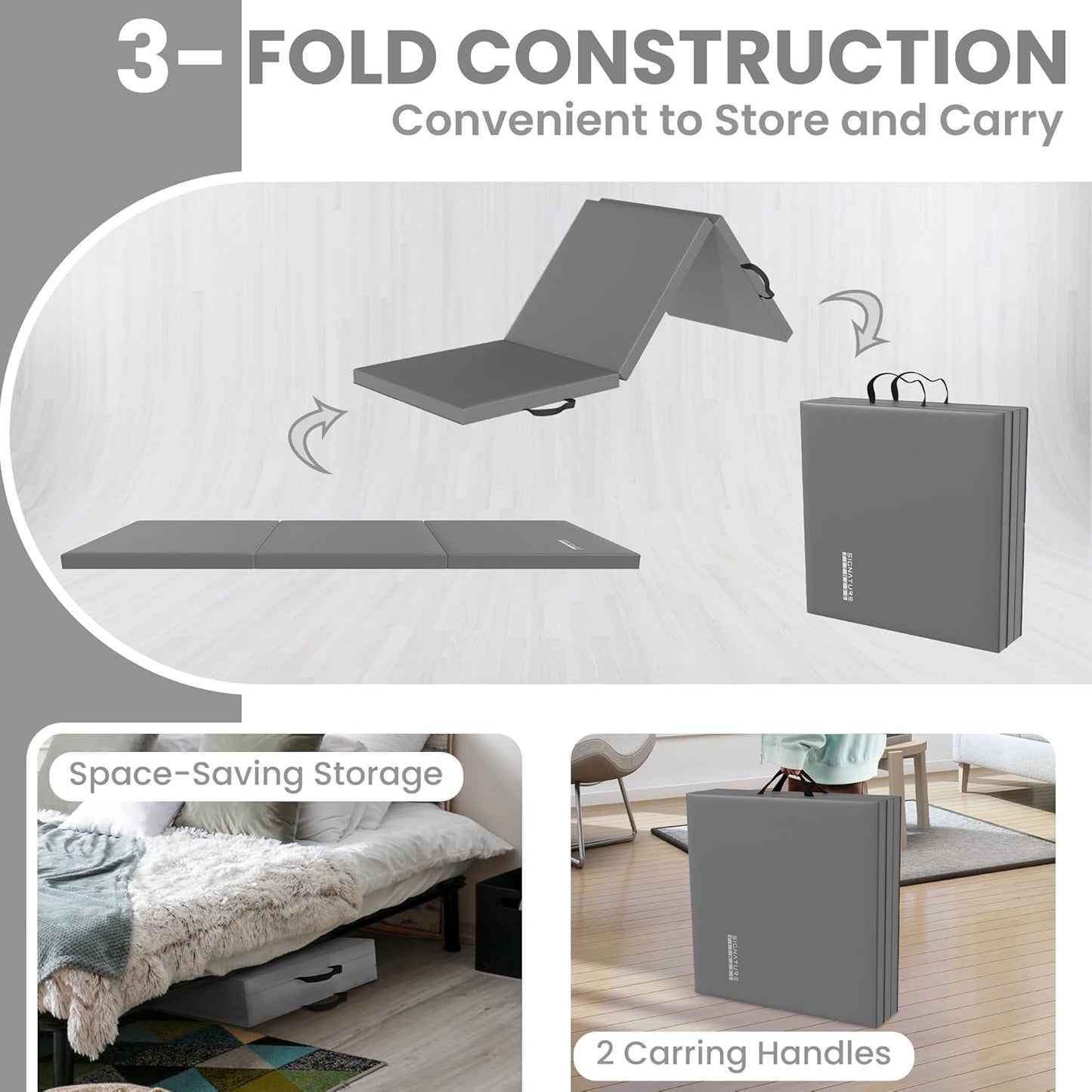 Folding Exercise Gymnastics Mat, 2" Thick Gym Workout Mat with Carrying Handles High-Density Anti-Tear Portable Fitness Aerobics Mats for Home Gym Yoga Pilates Tumbling MMA Core Training