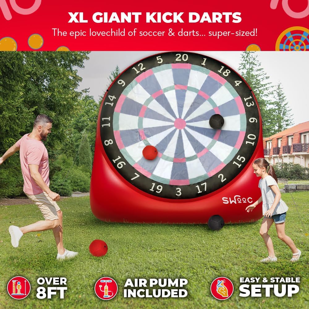 SWOOC Games - XL Giant Kick Darts (Over 8ft Tall) with 15+ Games Included - Jumbo Soccer Darts w/Air Pump - Big Inflatable Games - Carnival Games - Giant Outdoor Games & Activities - Giant Yard Games