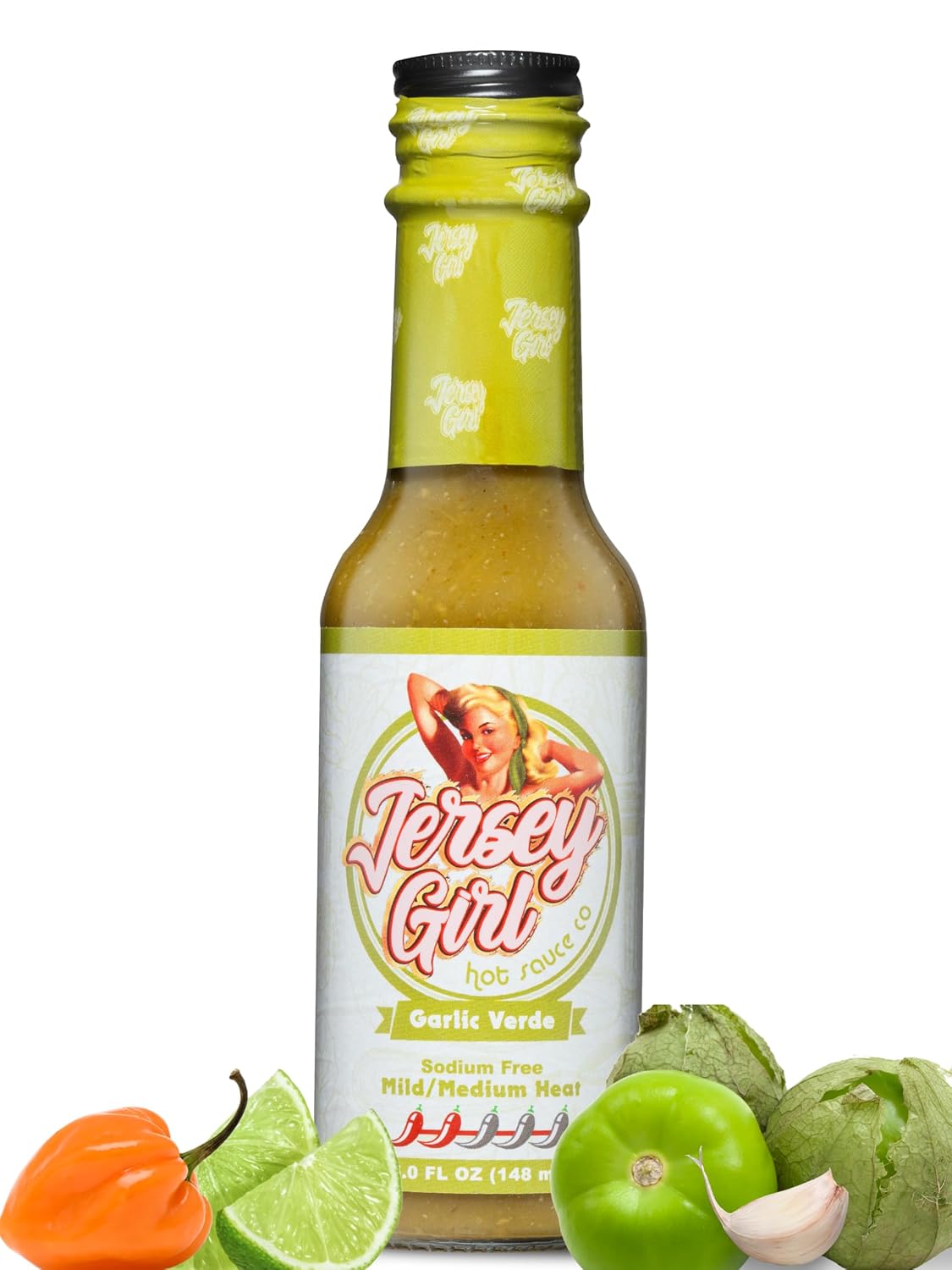 Jersey Girl Hot Sauce - Garlic Verde - No Added Salt - Naturally Sodium Free – All-Natural Healthy Ingredients with Hand-Picked Habaneros & Jalapeno Peppers - Mild/Medium Heat