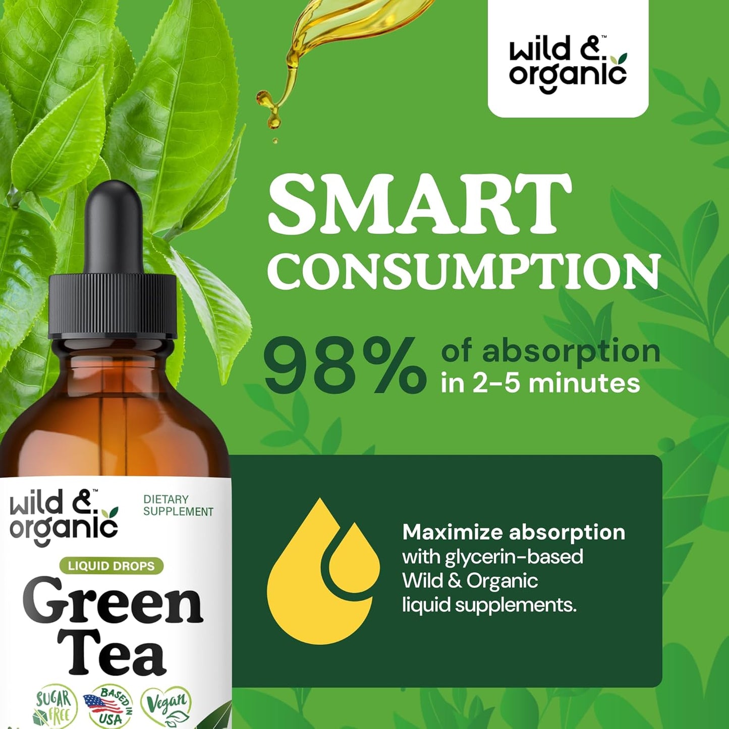 Wild & Organic Green Tea Extract Liquid Drops - Antioxidant-Rich Green Tea Supplement - 2-Month Supply - Vegan, Sugar & Alcohol-Free Camellia Sinensis Tincture - 4 fl oz