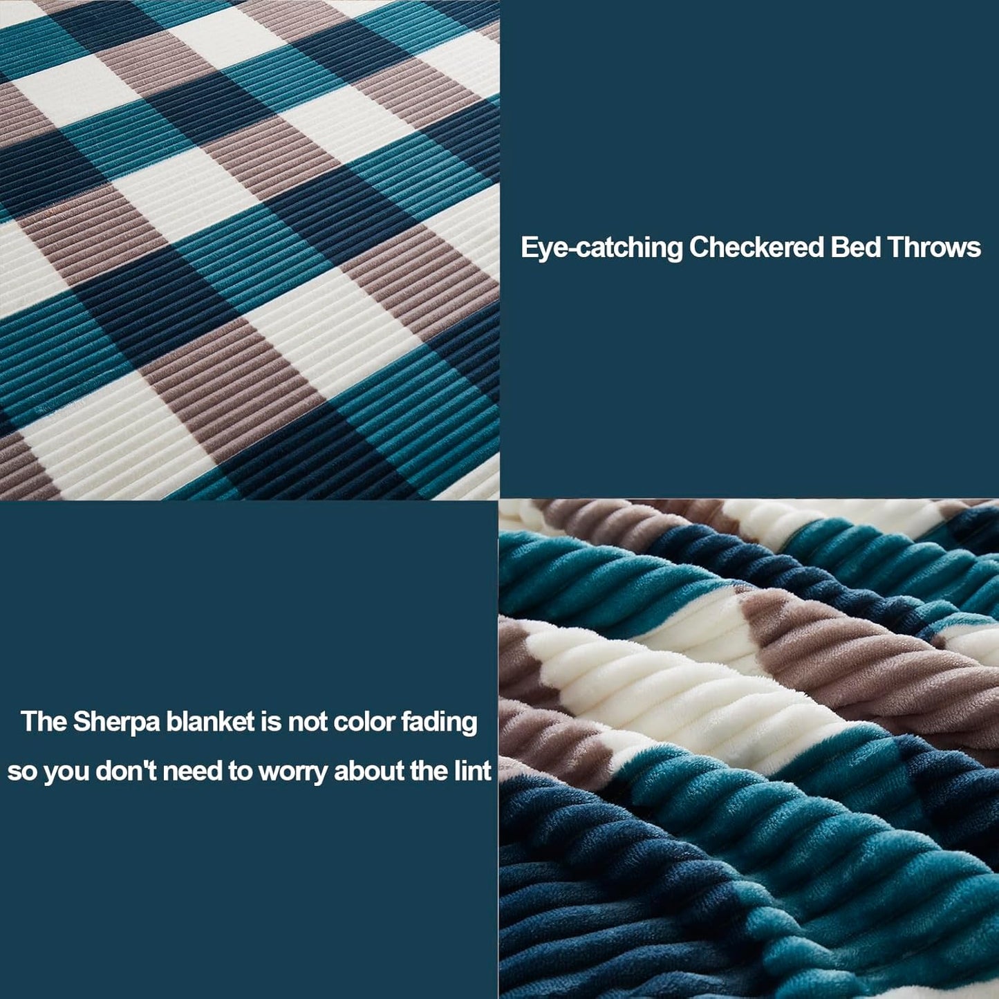 PU MEI Sherpa Blanket Twin Plaid Thick Bed Blanket, 90”*80” Super Soft Flannel Fuzzy Fleece Reversible Velvet Plush Warm Blanket for Couch (Teal Check, 80"*90")