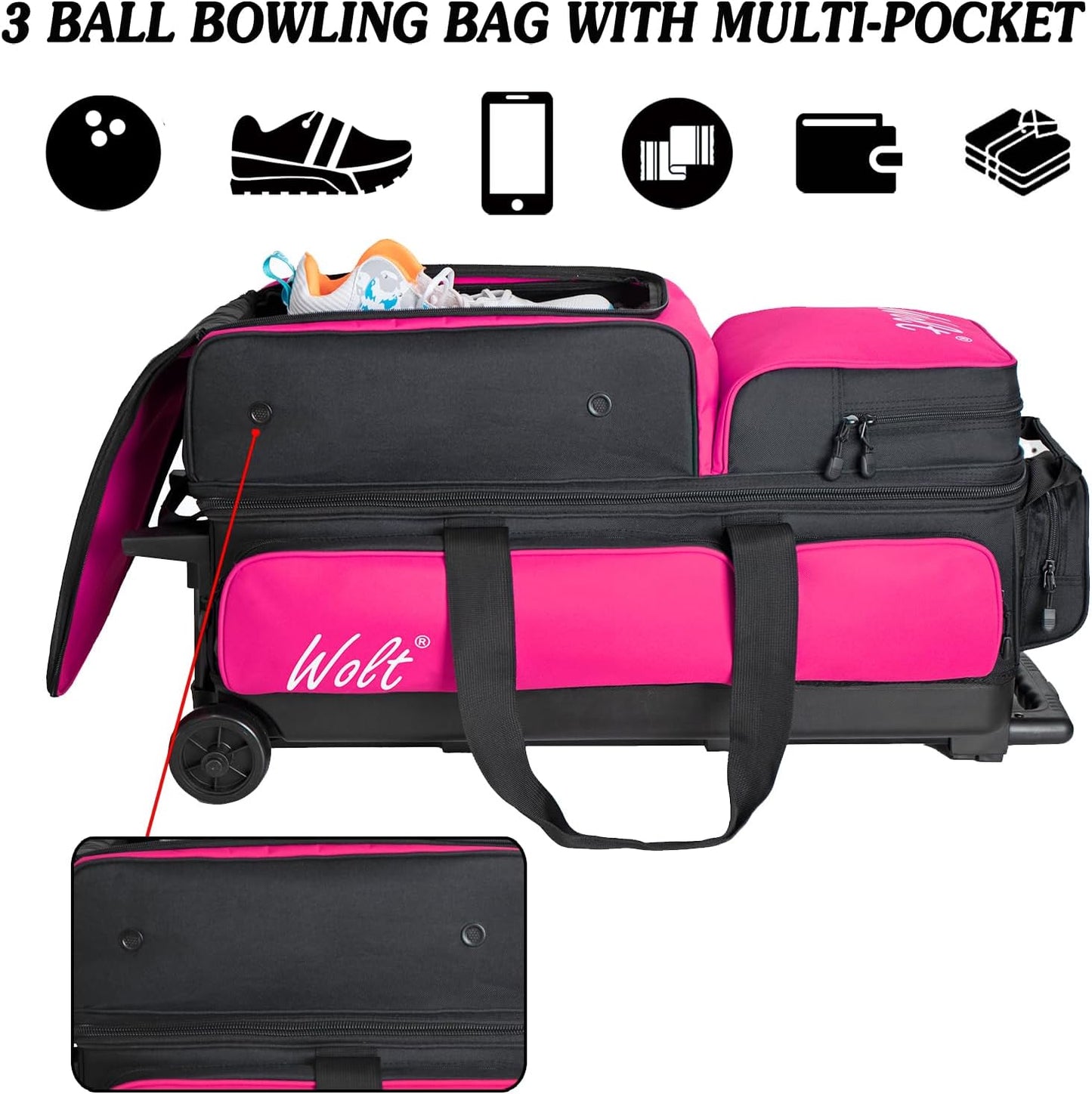WOLT 3 Ball Bowling Bags with Wheels,Bowling Ball Bag 3 Ball Roller with Separate Shoe Compartment and Accessory Pocket, Retractable Handle Extends to 38’’
