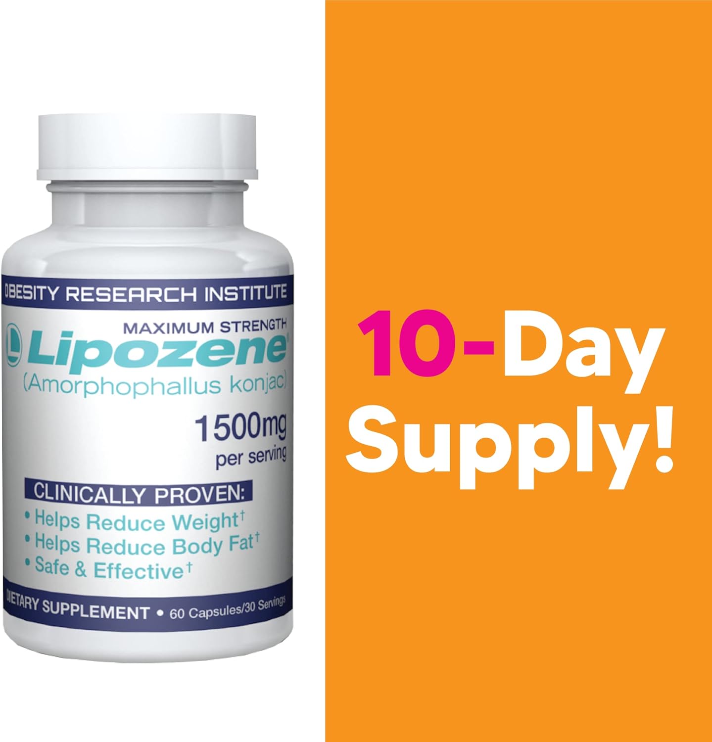 Lipozene Diet Pills - Weight Loss Supplement - Appetite Suppressant- 1 Bottle of 60 Capsules for 30 Servings- No Caffeine
