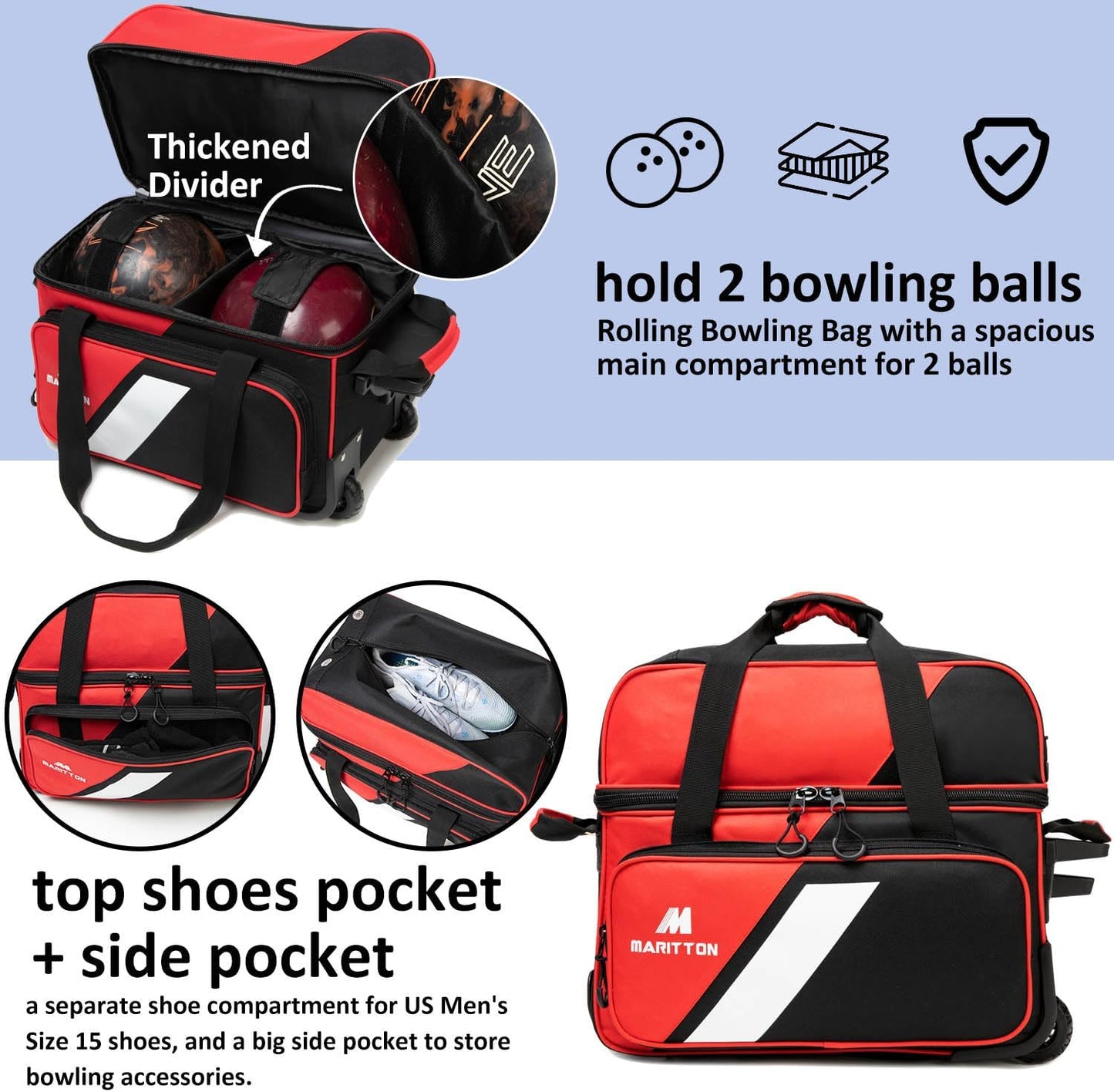 Bowling Bag with Wheels Double Roller 2 Ball Bowling Separate Shoe Compartment and Oversized Accessory Pocket, 36.6" Extendable Handle.