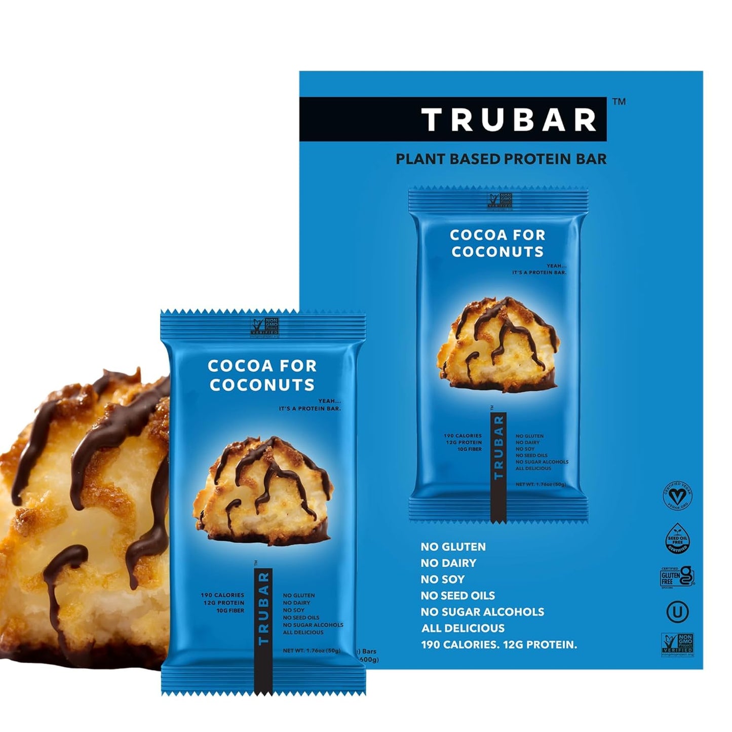 TRUBAR Vegan Protein Bar, Cocoa For Coconuts, Gluten Free, Plant Based Protein, Dairy Free, Non GMO, Soy Free, No Sugar Alcohols, 12G Protein, 12G Fiber, 23G Carb, On the Go Snack Bars, 12ct