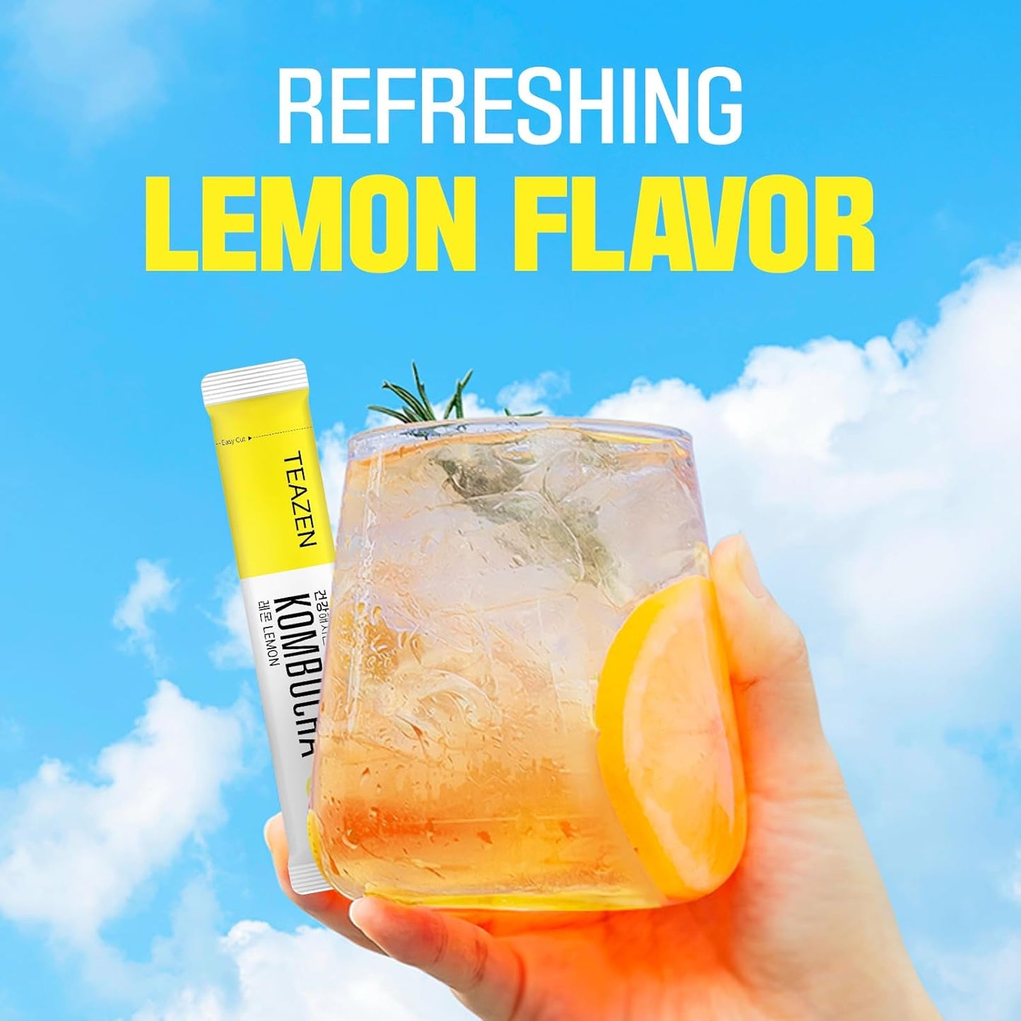 TEAZEN Lemon Kombucha Tea, Hydration Drink Mix, Sugar Free, Live Probiotics & Prebiotics, 10 Sticks, 1.76oz