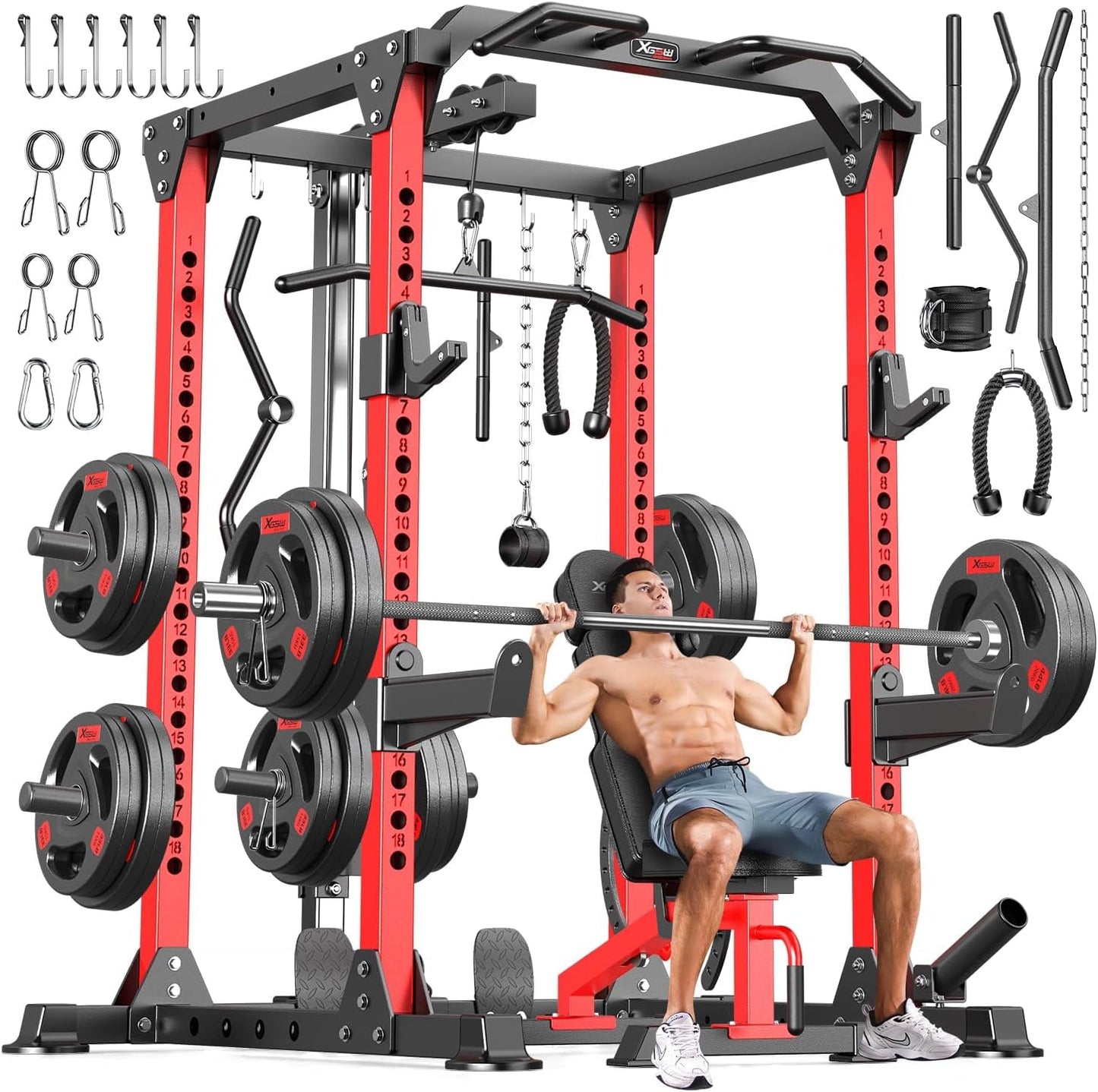 Power Cages Multi-Purpose Squat Rack with Cable Crossover System, Matching Weight Bench, Olympic Barbell Weight Set for Garage and Home Gyms