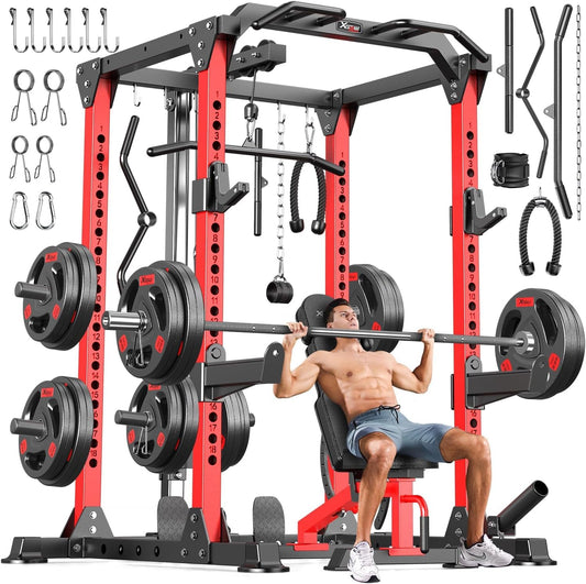 Power Cages Multi-Purpose Squat Rack with Cable Crossover System, Matching Weight Bench, Olympic Barbell Weight Set for Garage and Home Gyms
