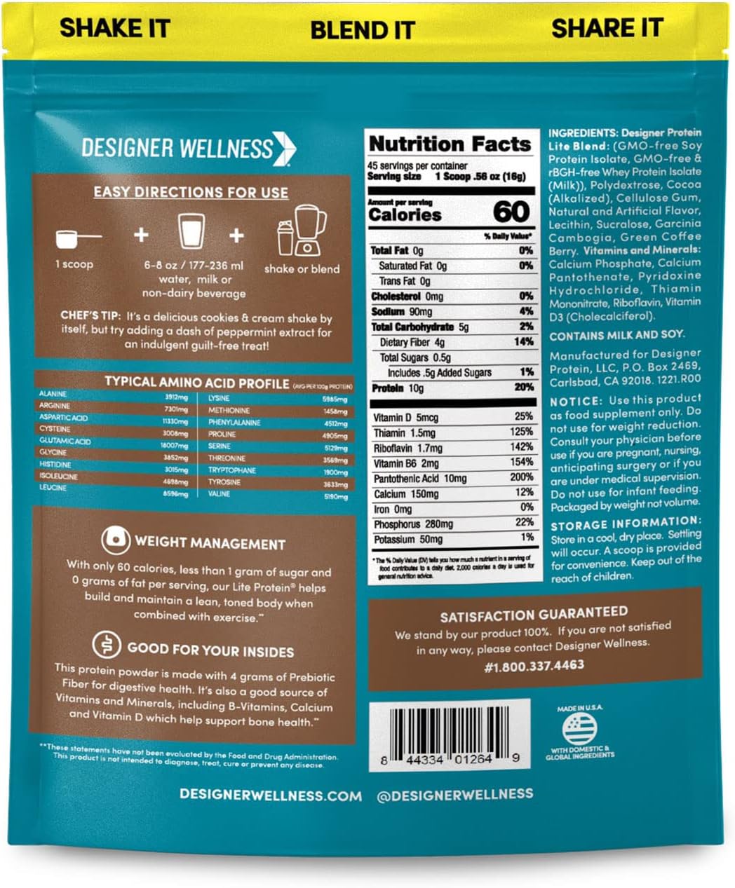 Designer Wellness, Designer Lite, Low Calorie Natural Protein, Prebiotic Fiber, Key Vitamins & Minerals, Chocolate Cookies & Cream, 25.6 Ounces