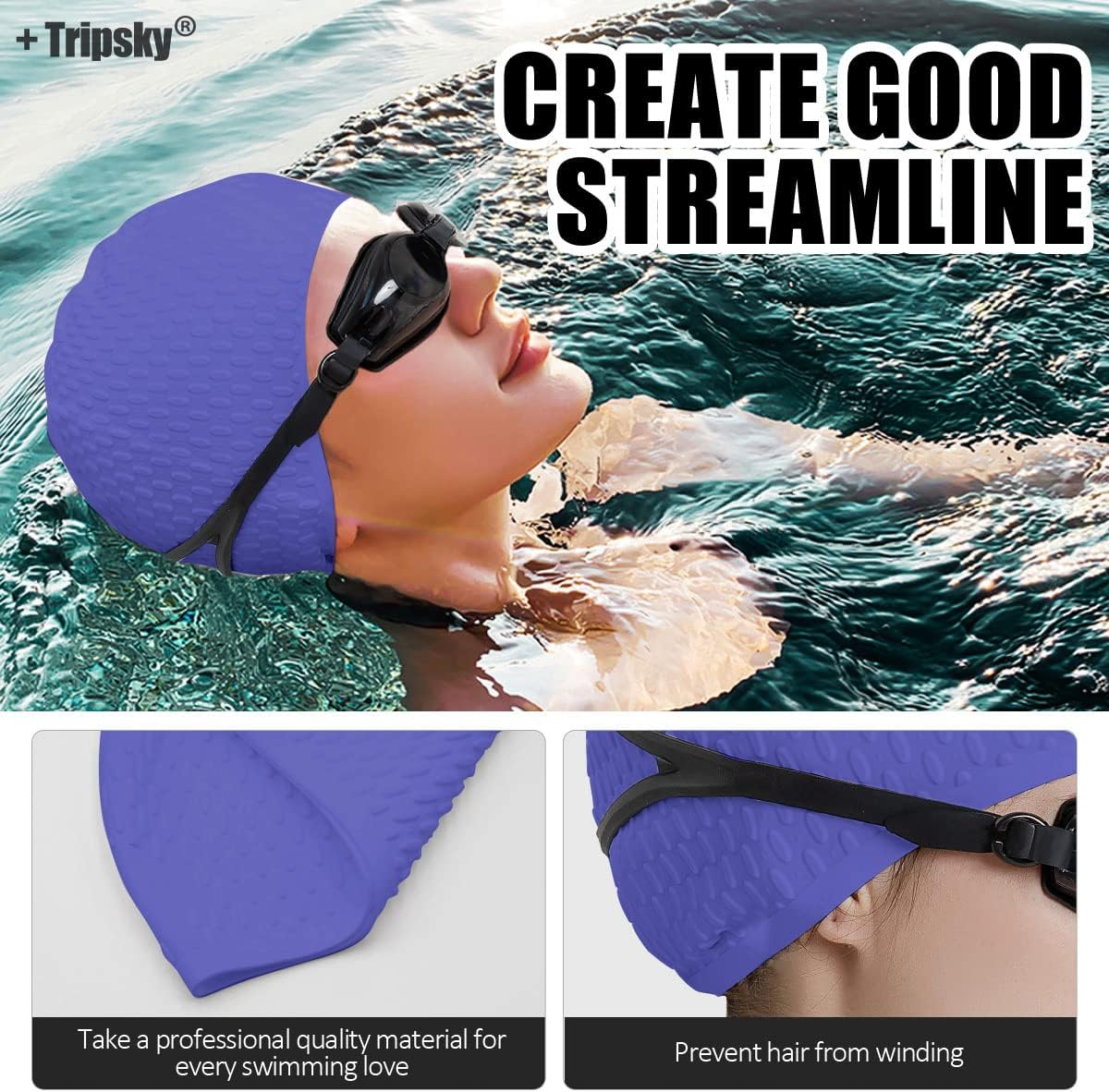 Tripsky Silicone Swim Cap,Comfortable Bathing Cap Ideal for Curly Short Medium Long Hair, Swimming Cap for Women and Men, Shower Caps Keep Hairstyle Unchanged…