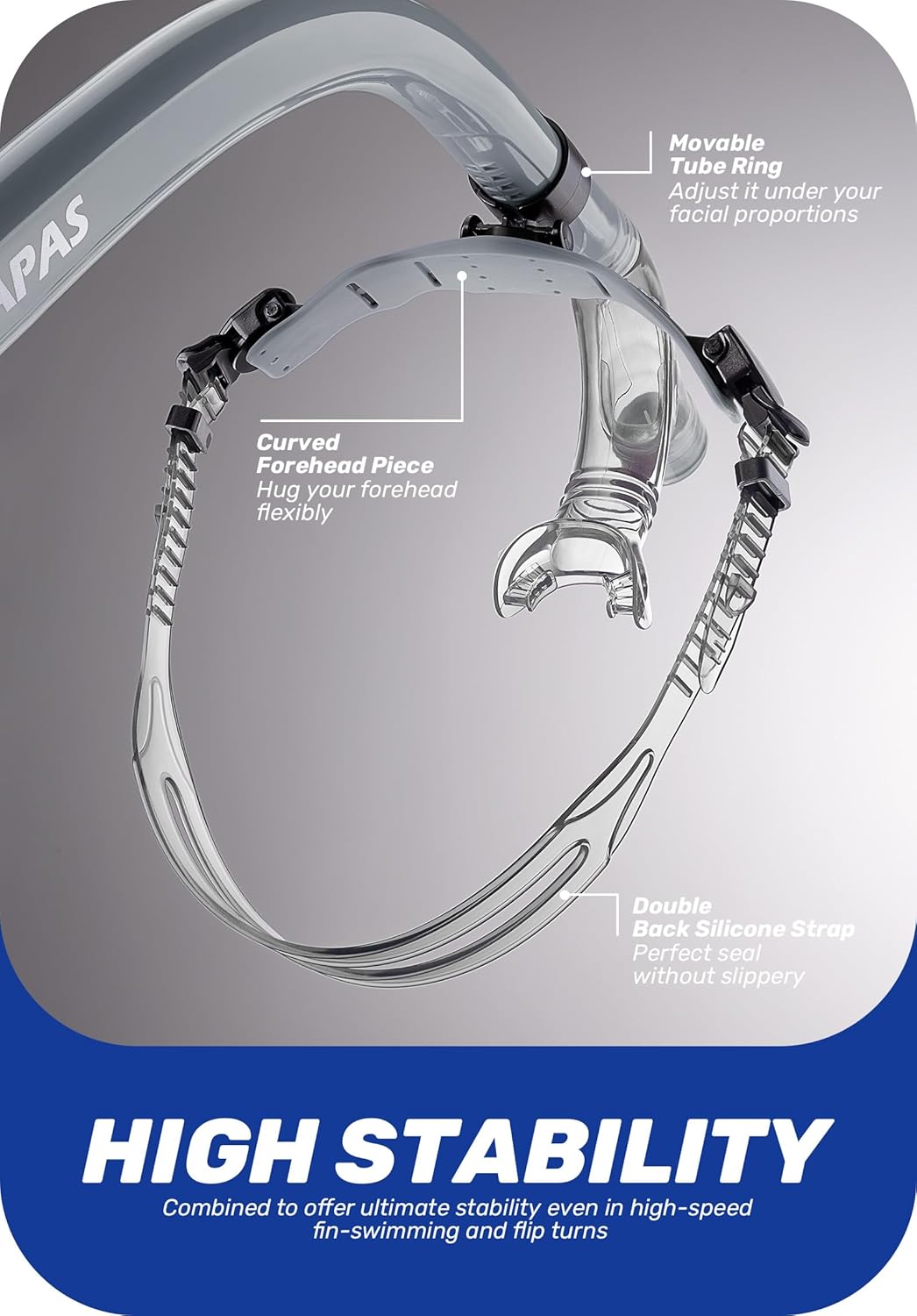 CAPAS Training Swim Snorkel for Lap Swimming, Swivel Headband Ultimate Fit Center-Mount Swimmers Snorkel with Liquid Silicone Mouthpiece Adjustable Strap, Designed for Adult Men Women