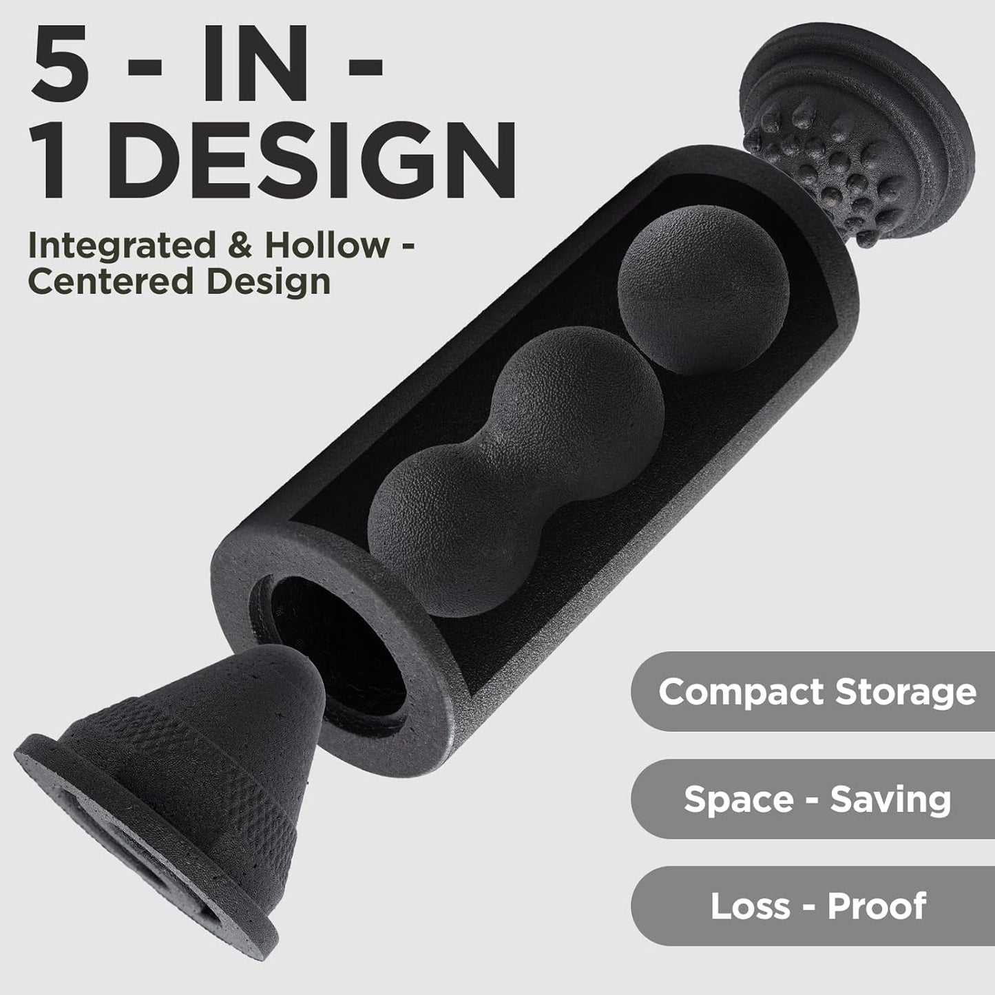 5 in 1 Foam Roller Set with Peanut Massage Ball, Curved Muscle Brush - Yoga Roller, Massage Ball, Trigger Point Triangle for Deep Tissue Relief (Black)
