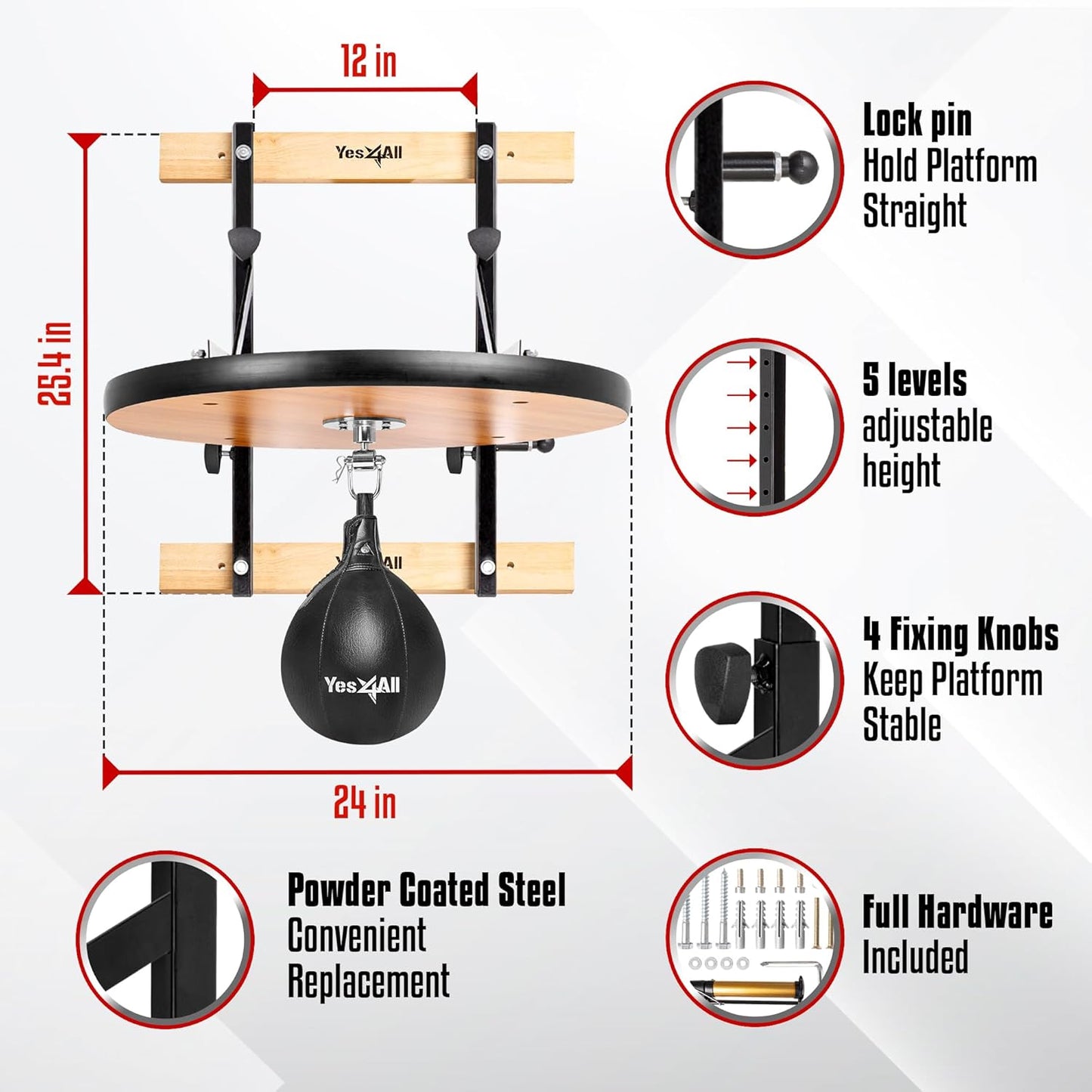 Yes4All 24 inches Adjustable Speed Bag Platform with Upgraded Speed Balls, Wall Mount Punching Bag Boxing Training Full Kit