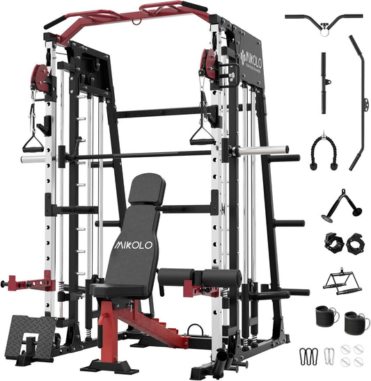 Mikolo Smith Machine, 2200lbs Squat Rack with LAT-Pull Down System & Cable Crossover Machine, Training Equipment with Leg Hold-Down Attachment
